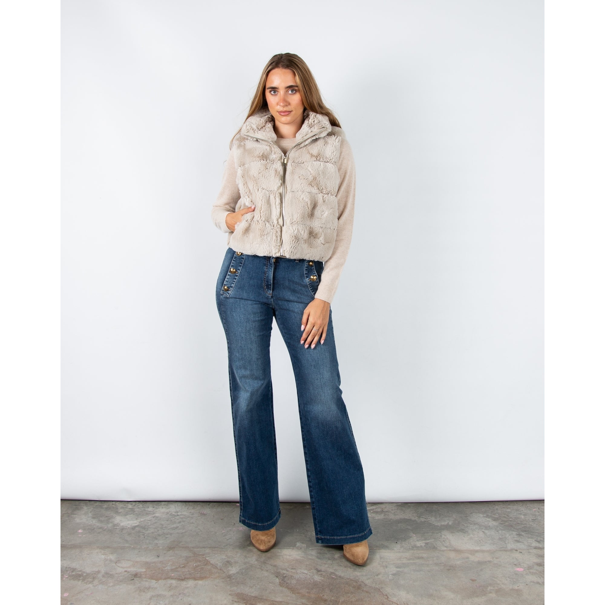 Rino & Pelle May Wide Panel Faux Fur Gilet With Pleather Trim Birch
