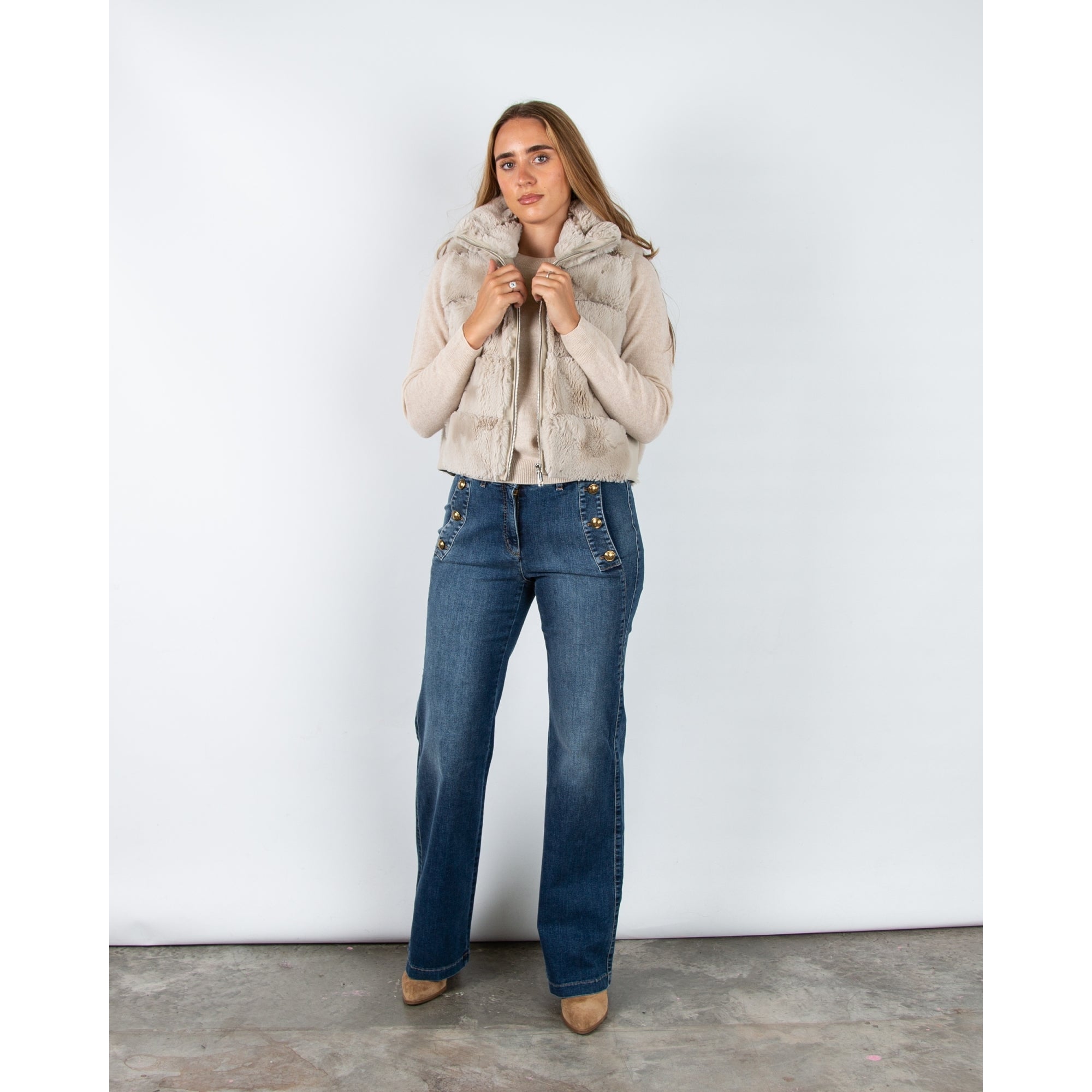 Rino & Pelle May Wide Panel Faux Fur Gilet With Pleather Trim Birch