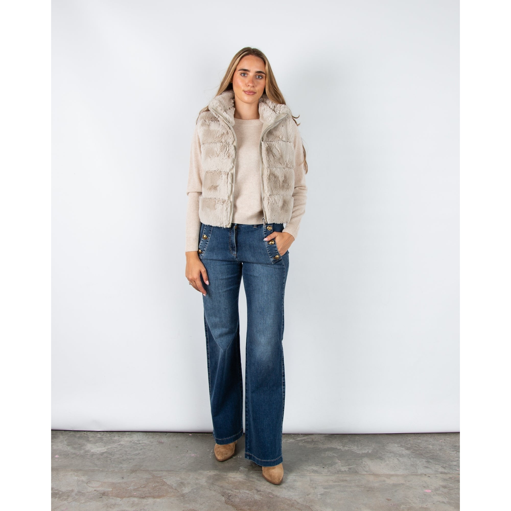 Rino & Pelle May Wide Panel Faux Fur Gilet With Pleather Trim Birch