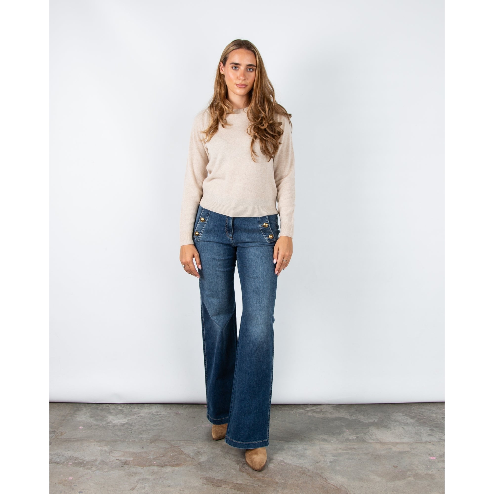 Part Two Evina Round Neck Cashmere Jumper With Rib Trim Beige