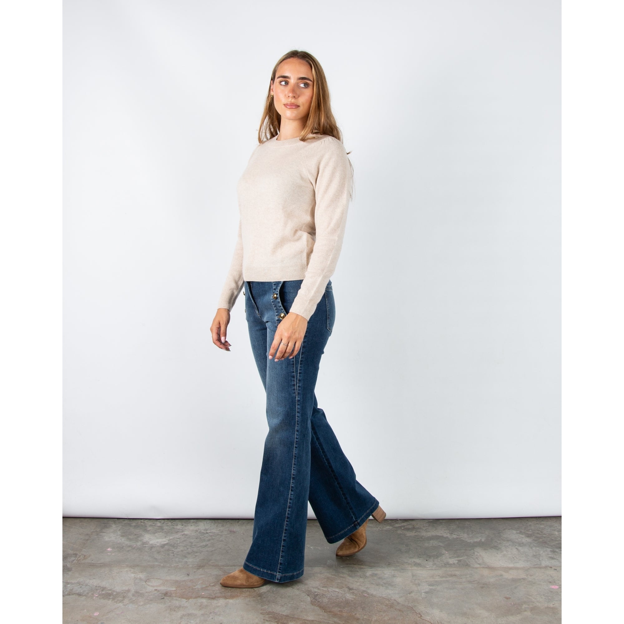 Part Two Evina Round Neck Cashmere Jumper With Rib Trim Beige