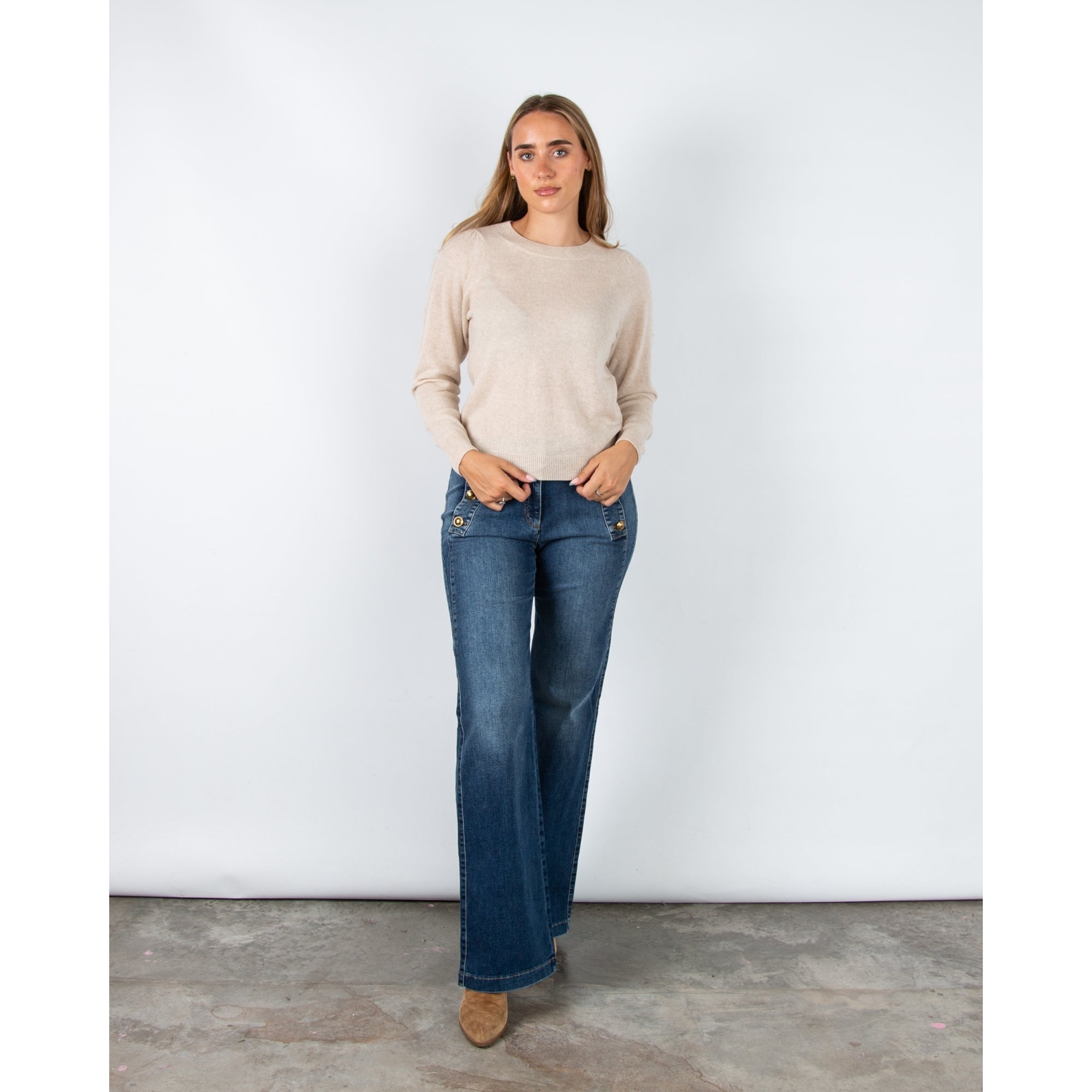 Part Two Evina Round Neck Cashmere Jumper With Rib Trim Beige