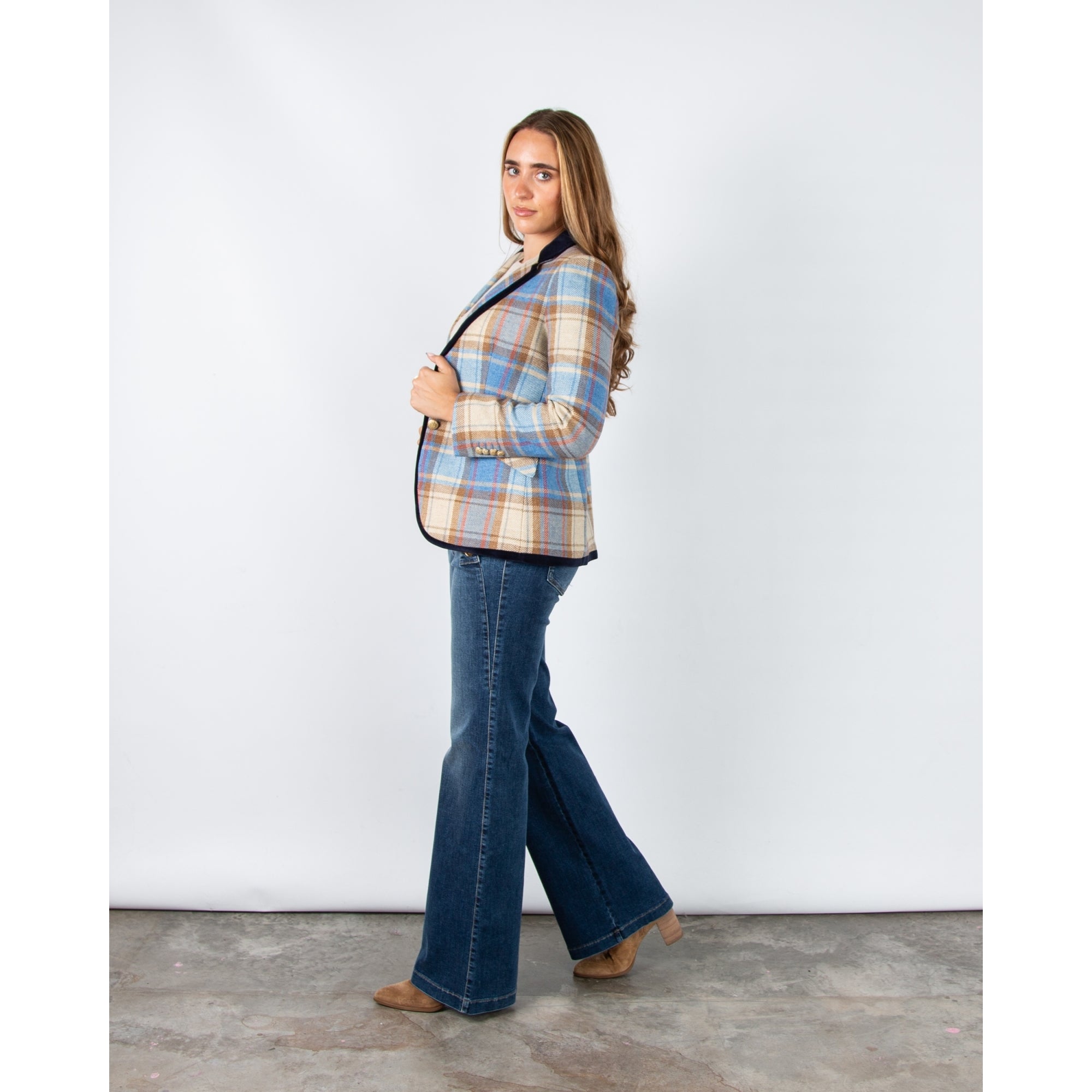 Bariloche Orvieto Check Blazer With Velvet Trim Blue/beige