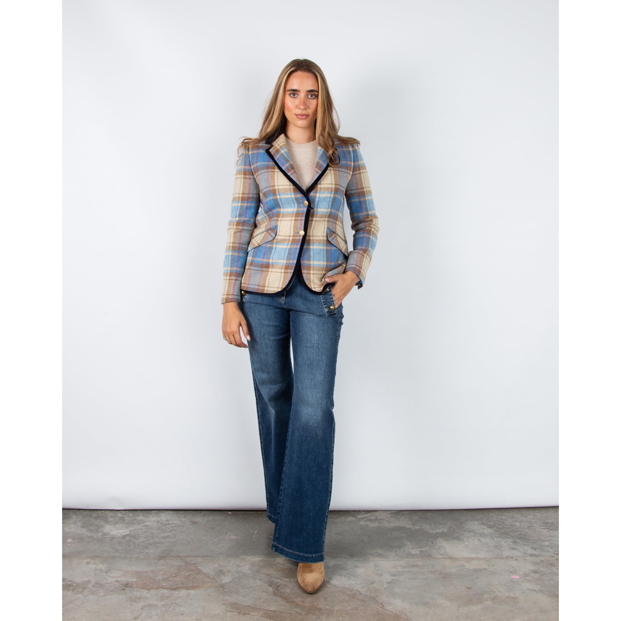 Bariloche Orvieto Check Blazer With Velvet Trim Blue/beige