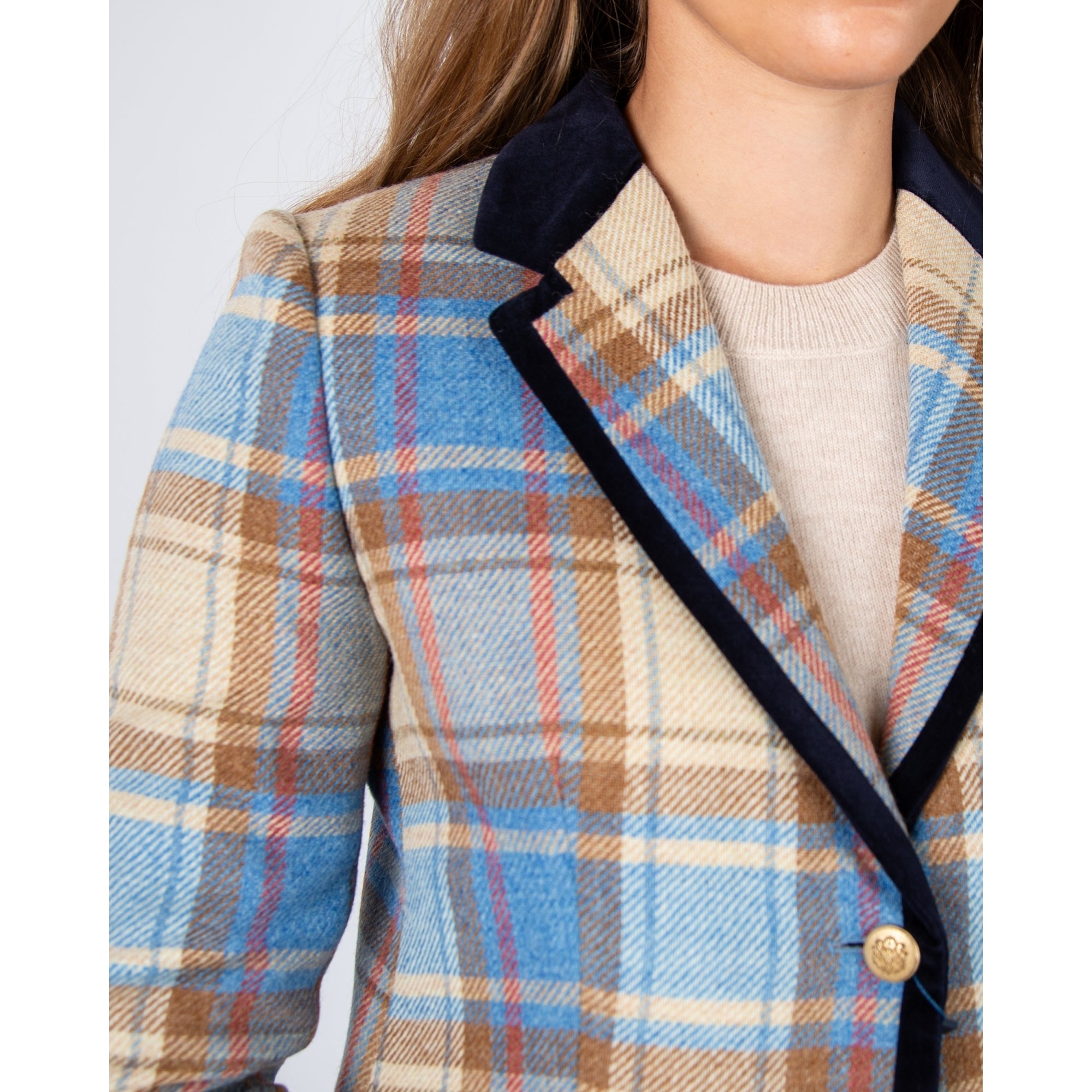 Bariloche Orvieto Check Blazer With Velvet Trim Blue/beige