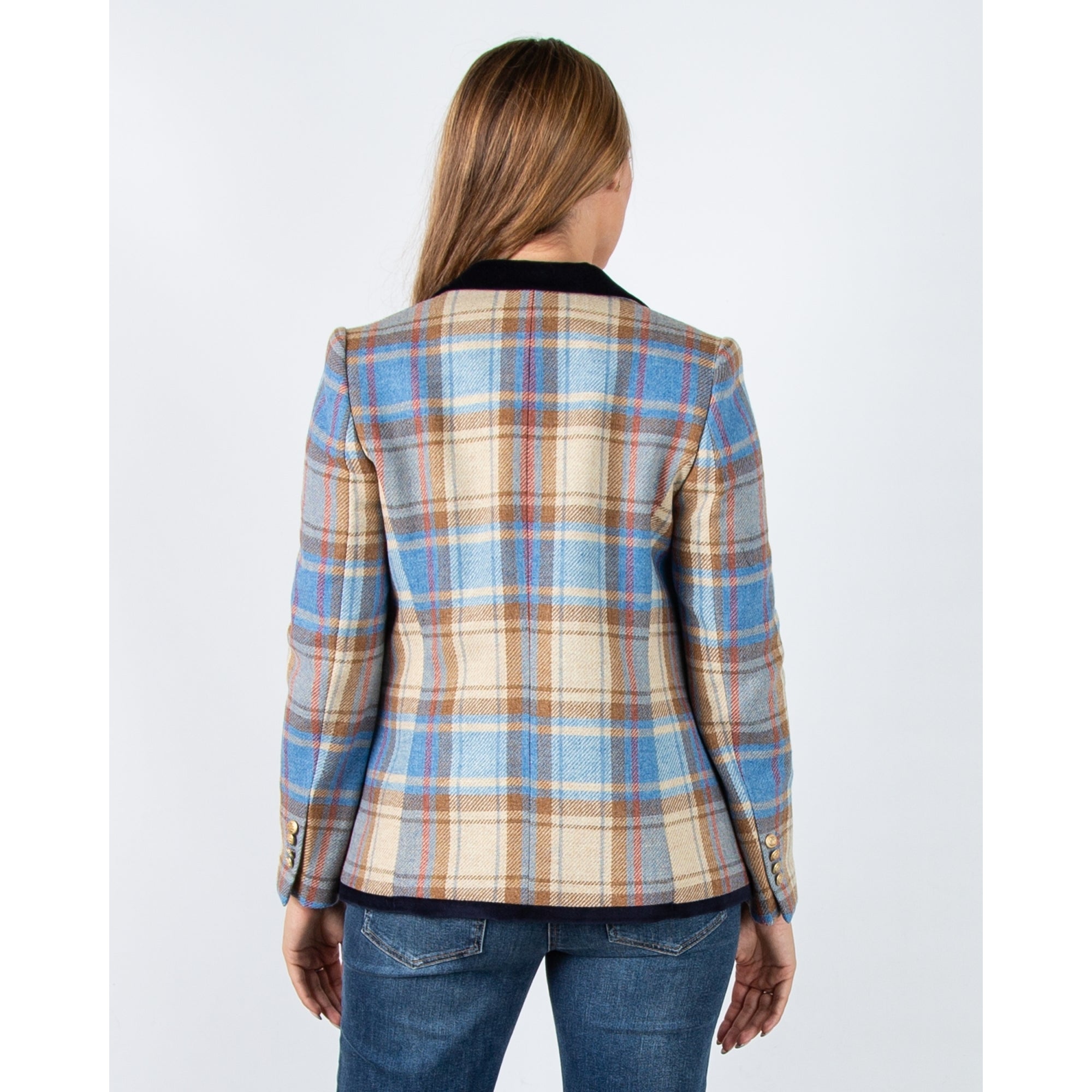 Bariloche Orvieto Check Blazer With Velvet Trim Blue/beige