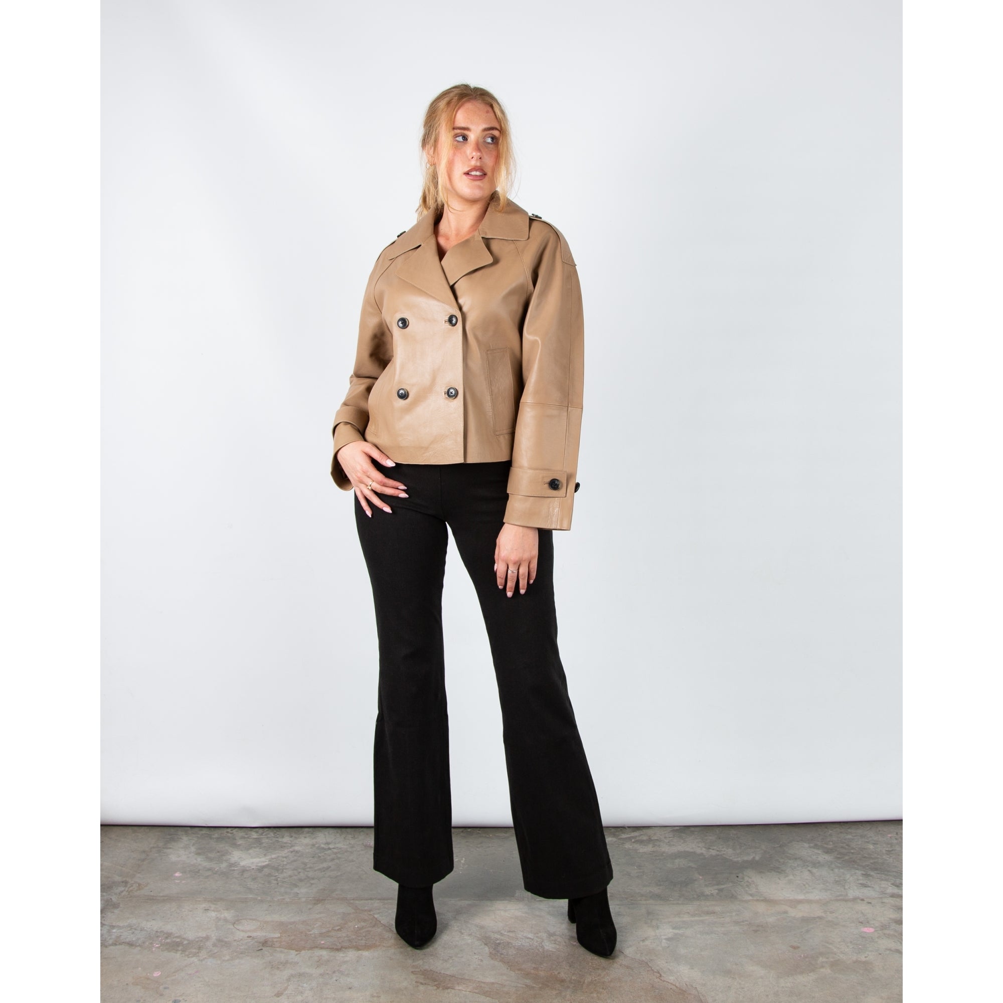 Rino & Pelle Lotte Leather Double Breasted Short Boxy Jacket Brew