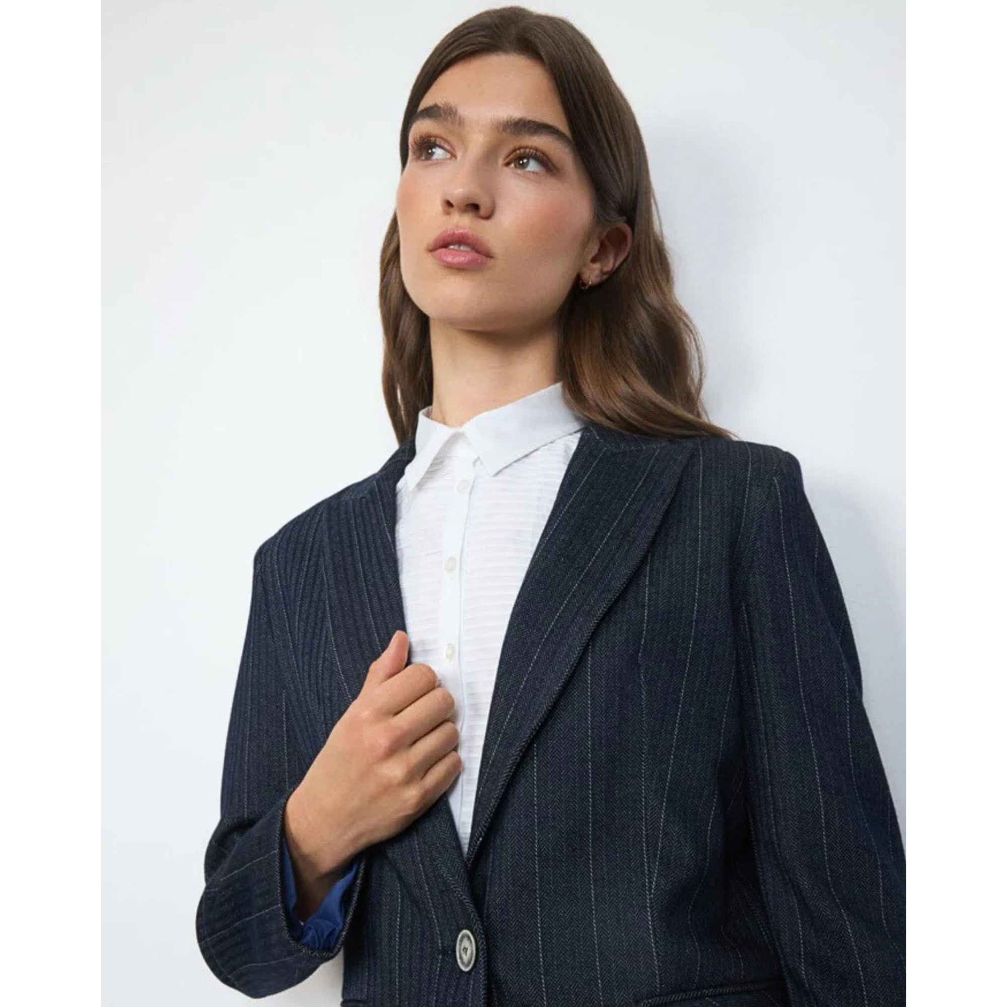Tinta Style Serena Pinstripe Herringbone Jersey Single Button Blazer Navy