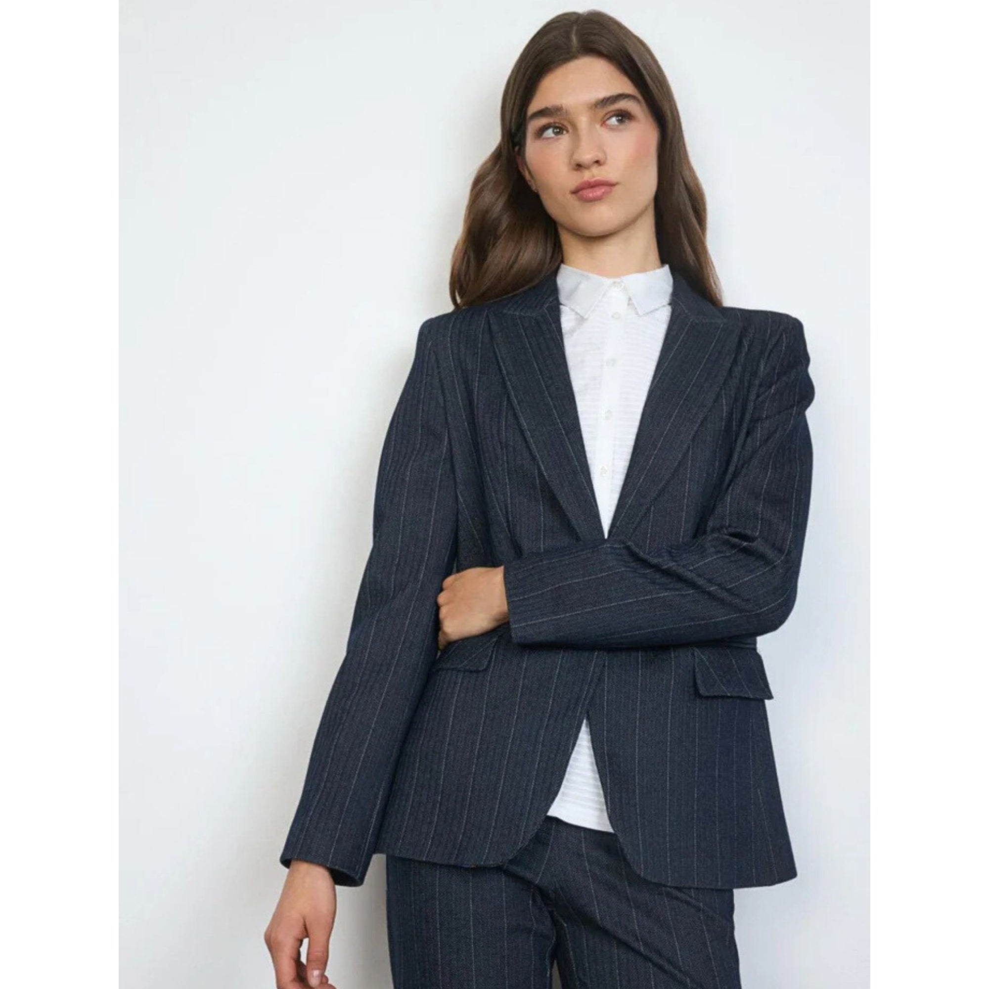 Tinta Style Serena Pinstripe Herringbone Jersey Single Button Blazer Navy