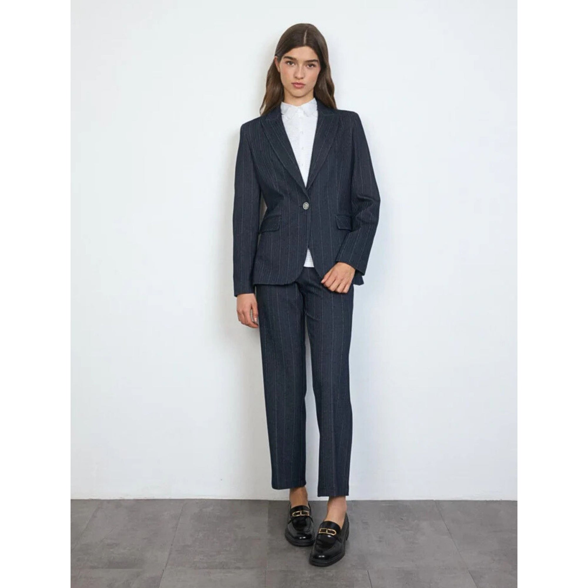 Tinta Style Serena Pinstripe Herringbone Jersey Single Button Blazer Navy