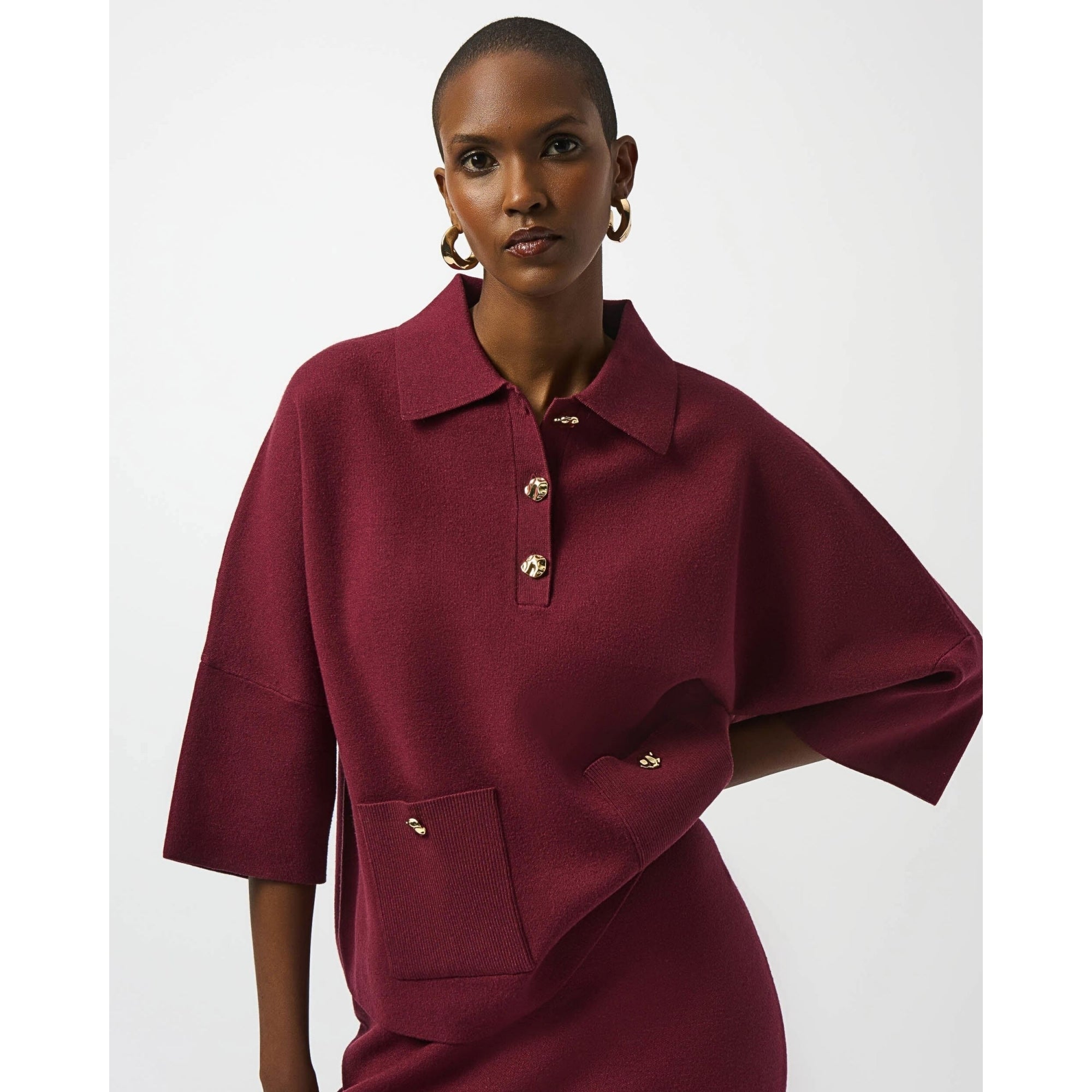 Joseph Ribkoff Cape Jumper With Gold Buttons And Collar Merlot