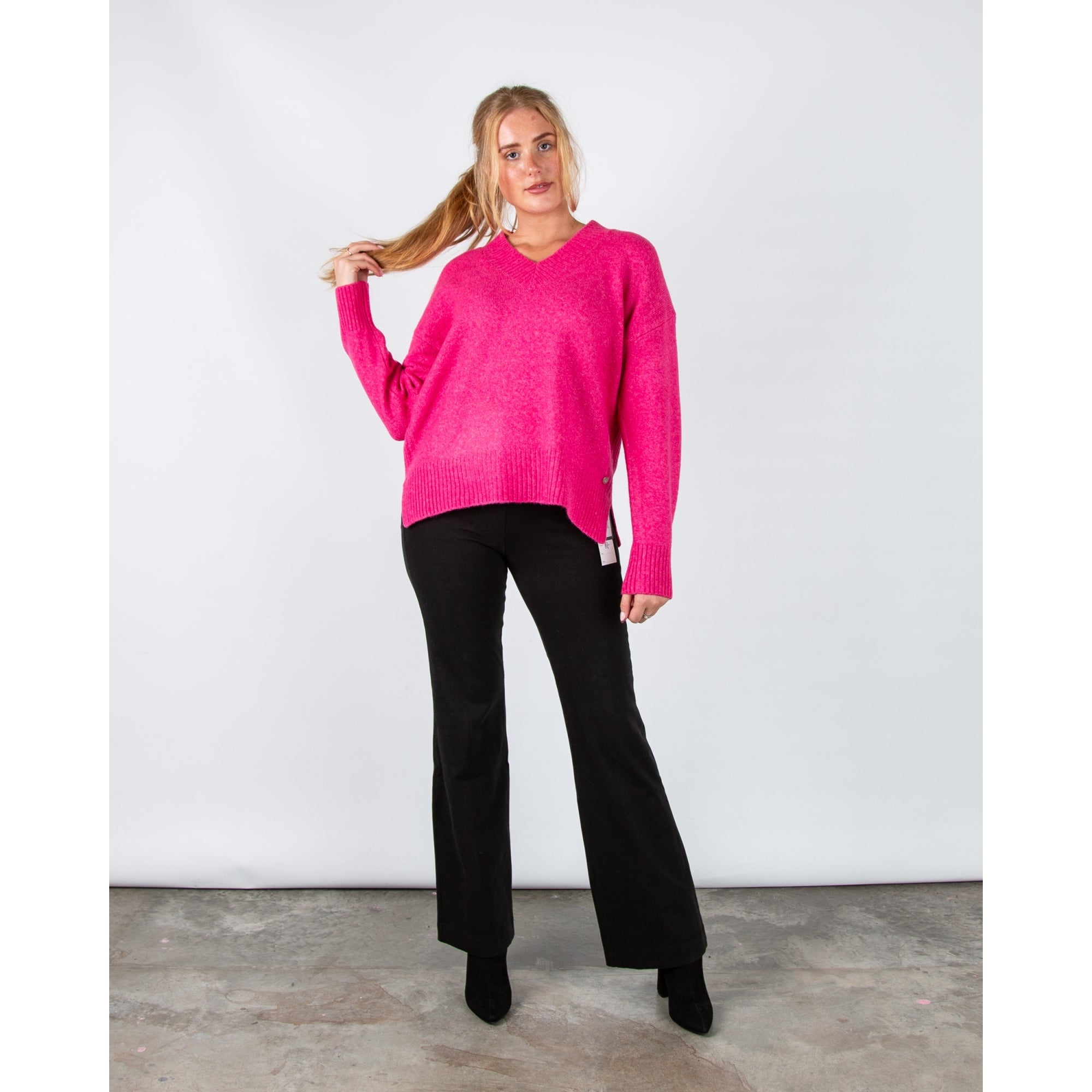 Rino & Pelle Maribel Soft Knit V Neck Jumper With Rib Trim Deep Pink