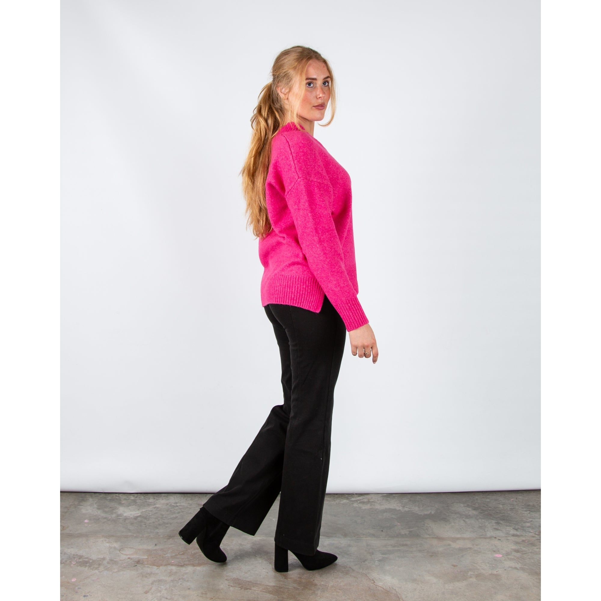 Rino & Pelle Maribel Soft Knit V Neck Jumper With Rib Trim Deep Pink