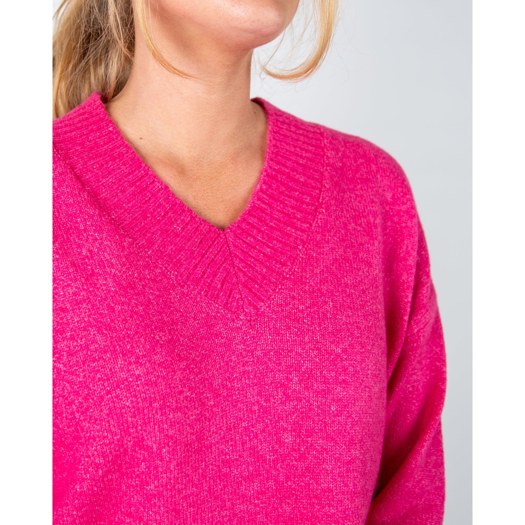 Rino & Pelle Maribel Soft Knit V Neck Jumper With Rib Trim Deep Pink