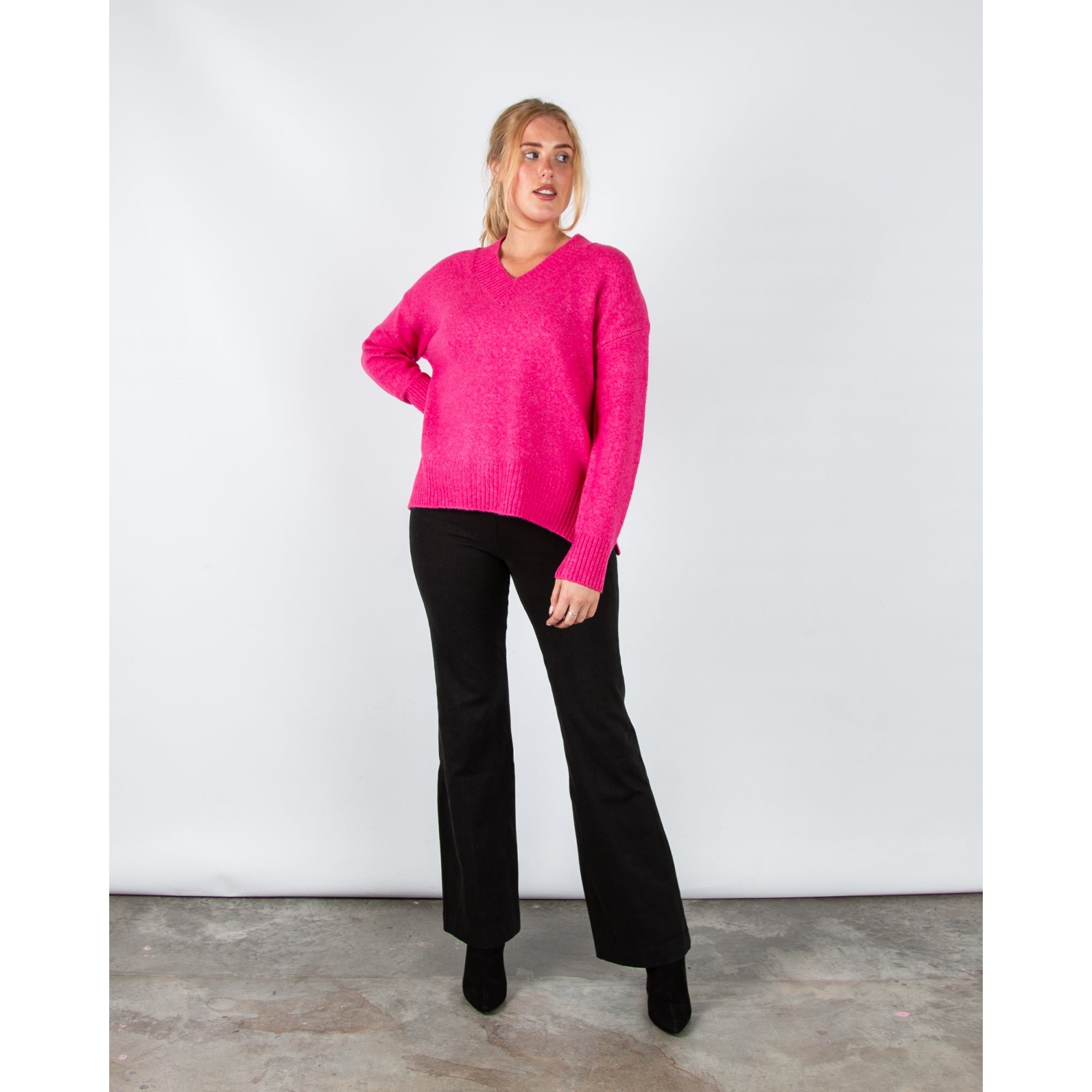 Rino & Pelle Maribel Soft Knit V Neck Jumper With Rib Trim Deep Pink