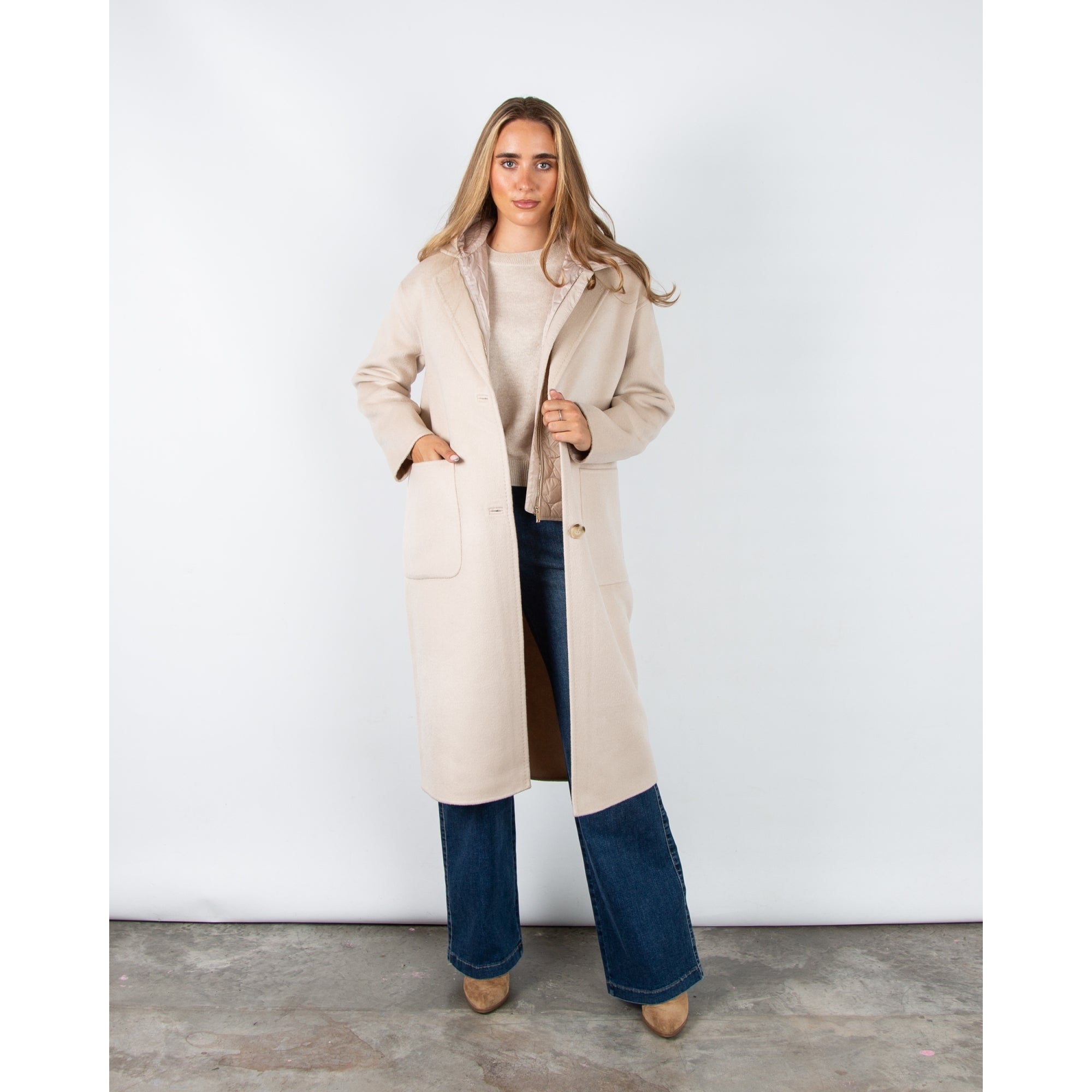 Rino & Pelle Femia Wool Coat With Quilted Gilet Insert Light Desert