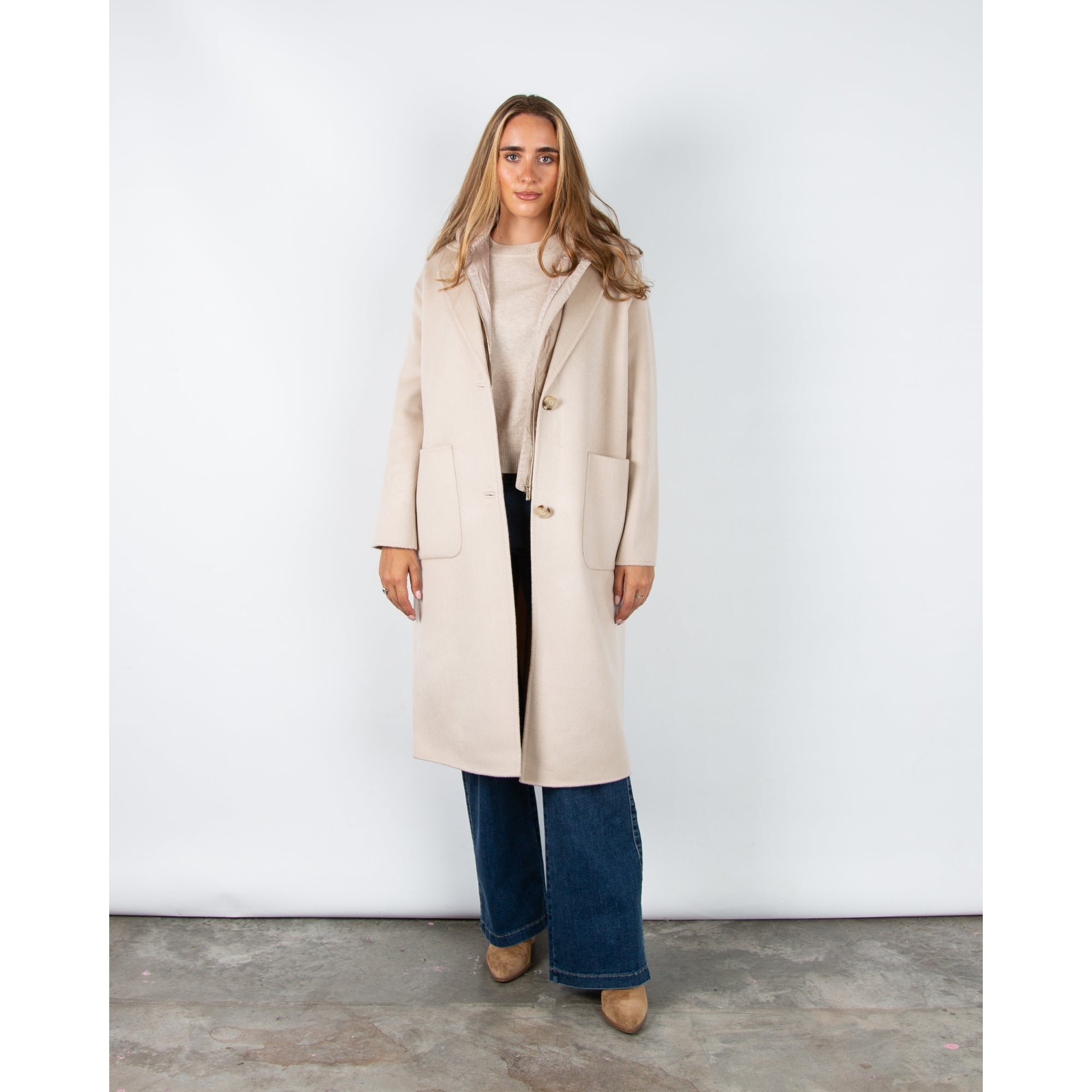 Rino & Pelle Femia Wool Coat With Quilted Gilet Insert Light Desert