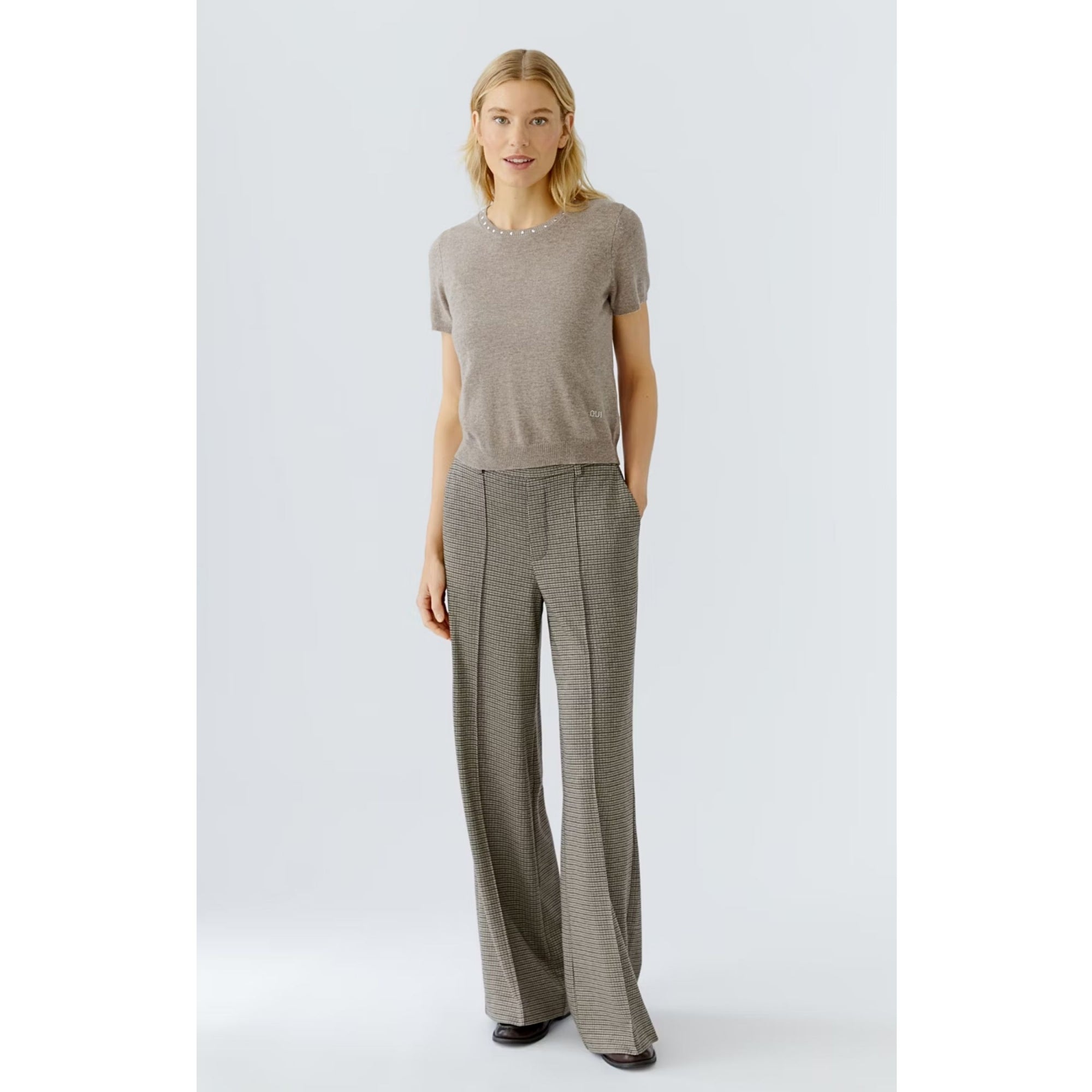 Oui Houndstooth Wide Leg Trouser Black/beige