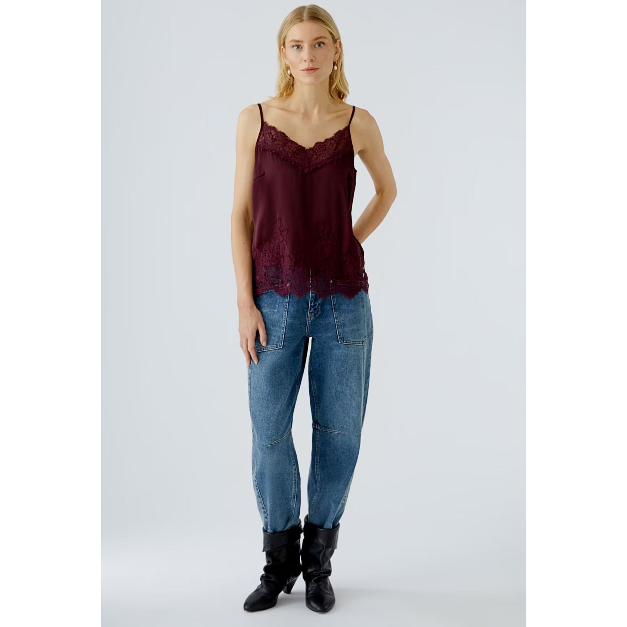 Oui Satin Lace Trim Vest Deep Berry