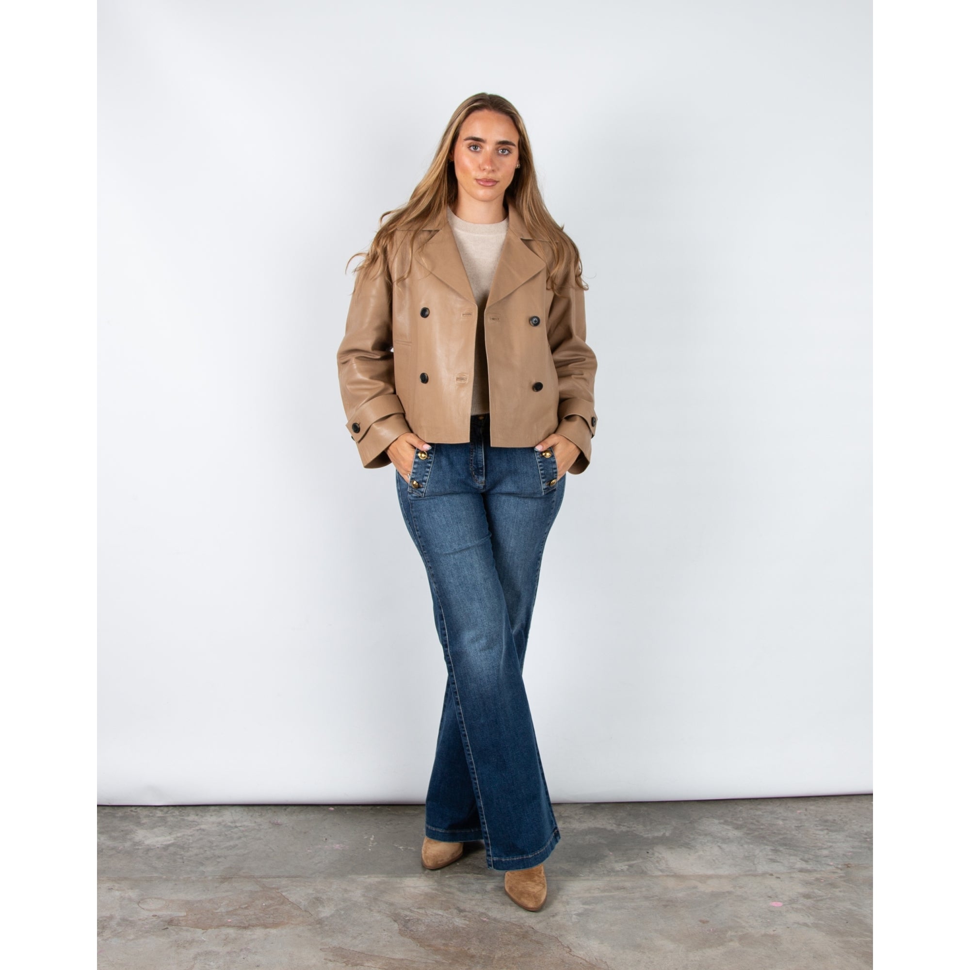 Rino & Pelle Lotte Leather Double Breasted Short Boxy Jacket Brew