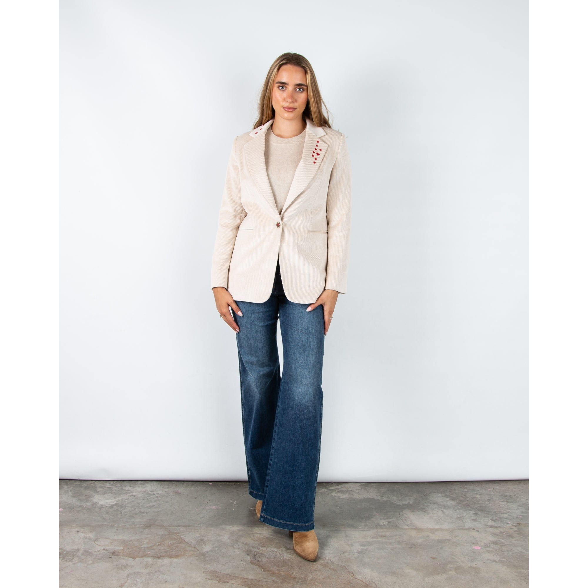 Vilagallo Rock Soft Cord Blazer With Embroidery Detail Ecru