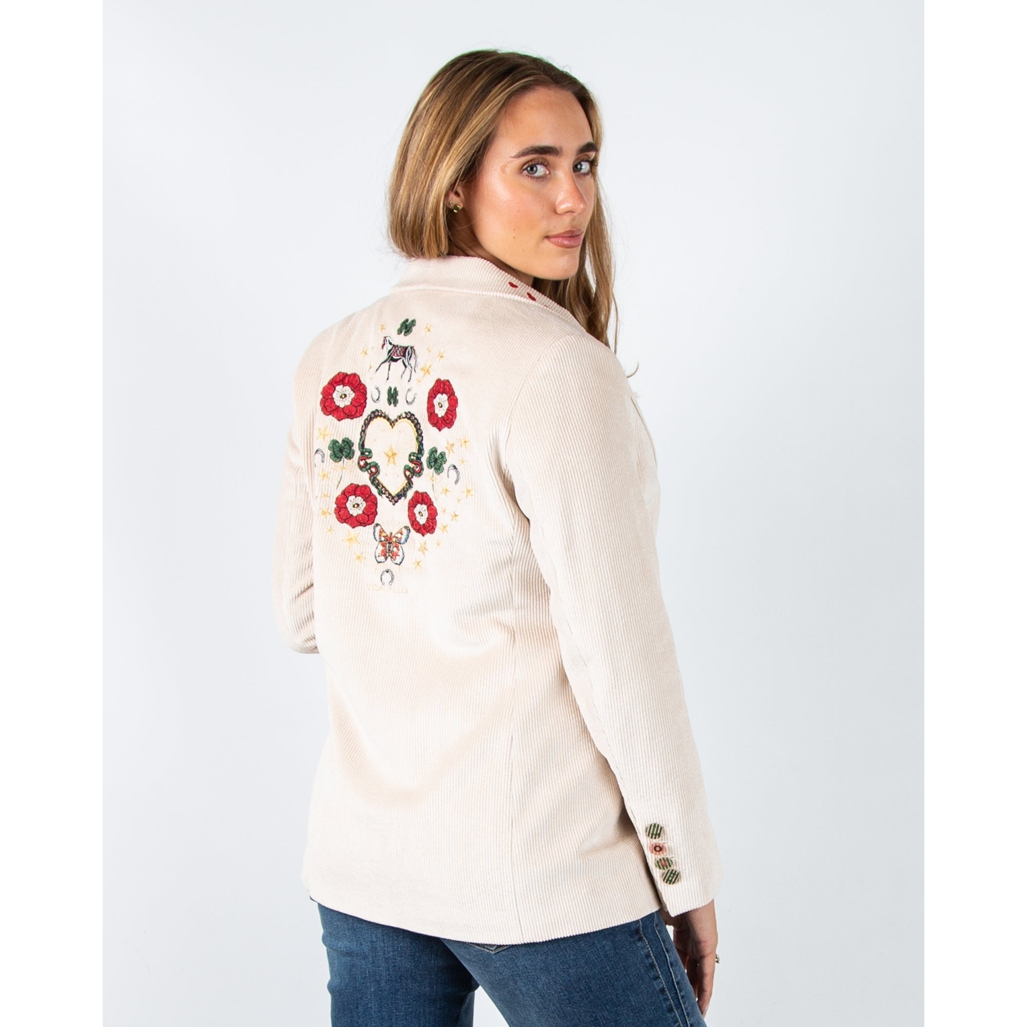 Vilagallo Rock Soft Cord Blazer With Embroidery Detail Ecru