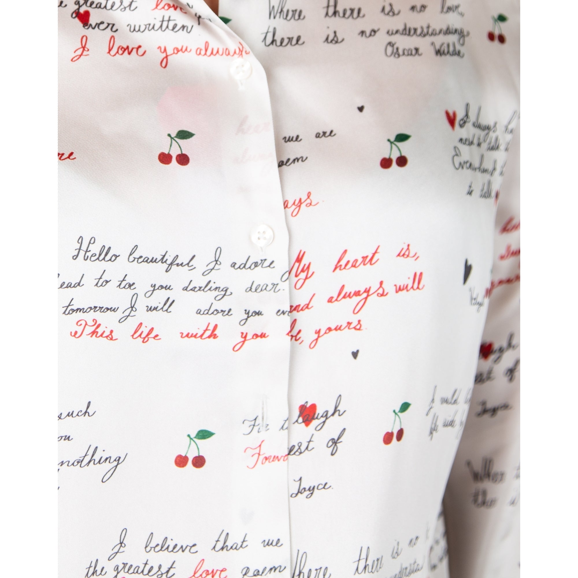 Vilagallo Tea Calligraphy Cherry Print Satin Blouse Ecru/red