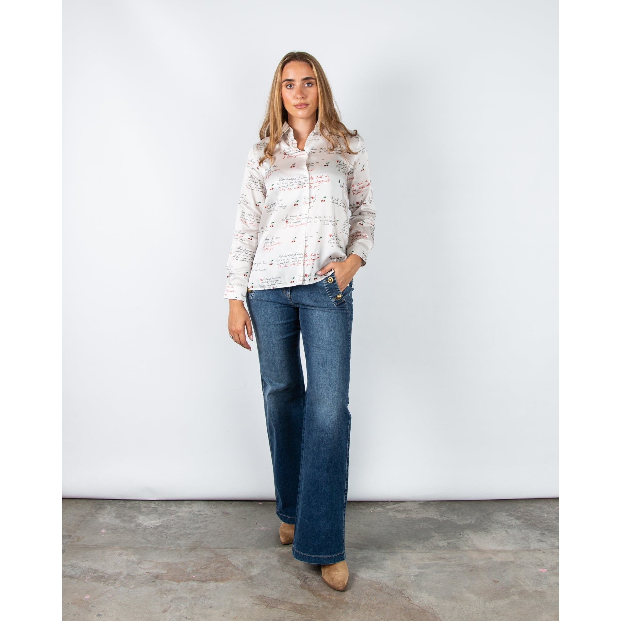 Vilagallo Tea Calligraphy Cherry Print Satin Blouse Ecru/red