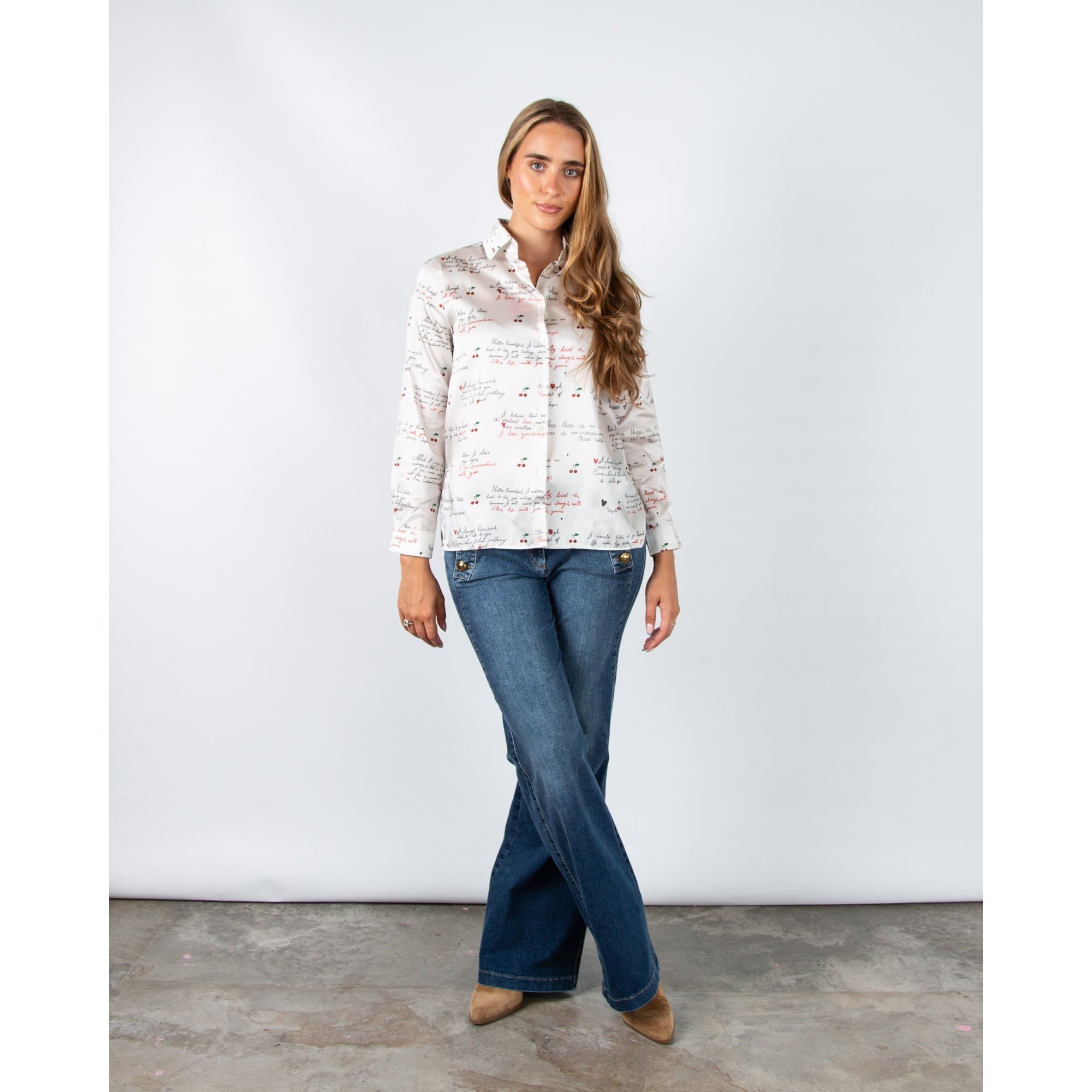 Vilagallo Tea Calligraphy Cherry Print Satin Blouse Ecru/red