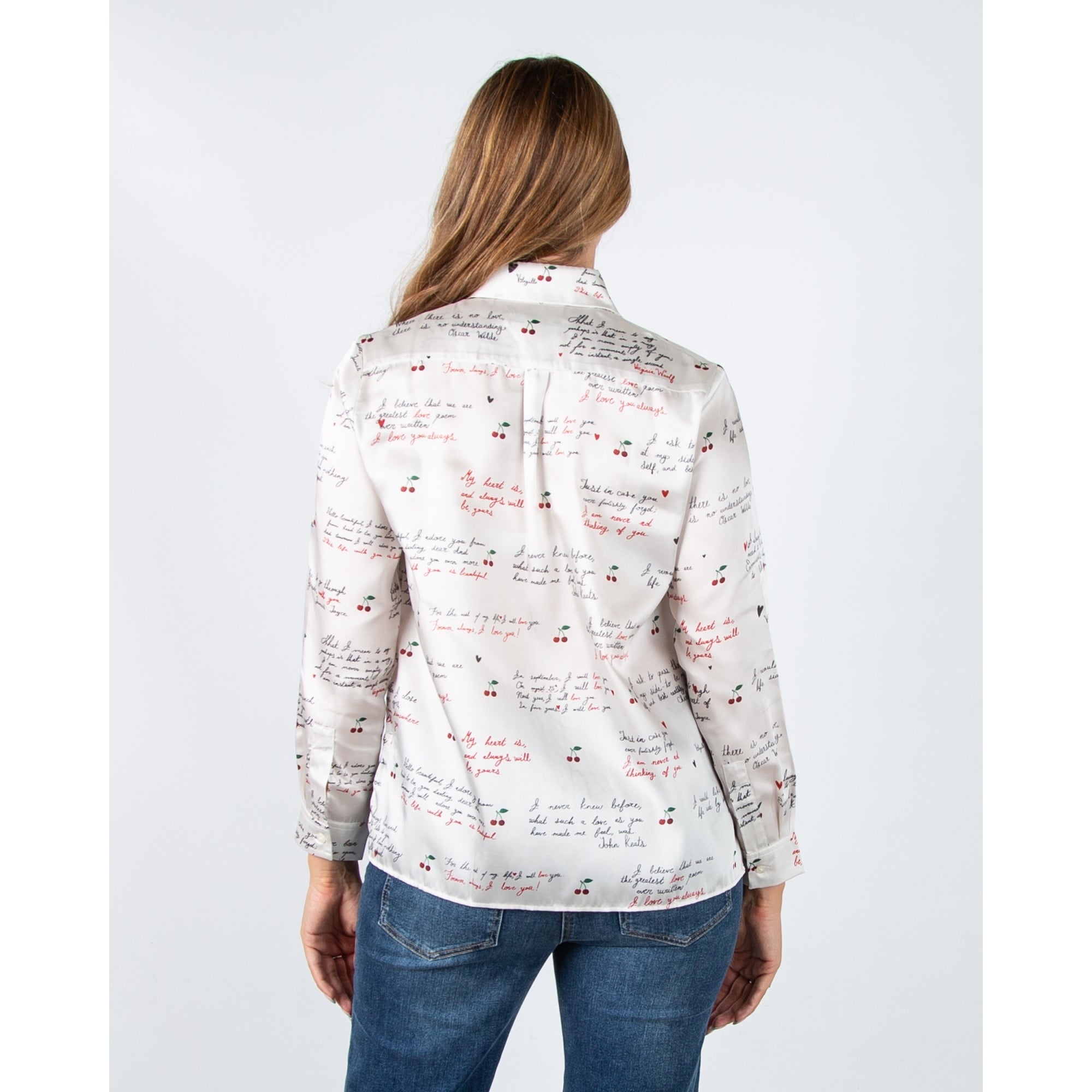 Vilagallo Tea Calligraphy Cherry Print Satin Blouse Ecru/red