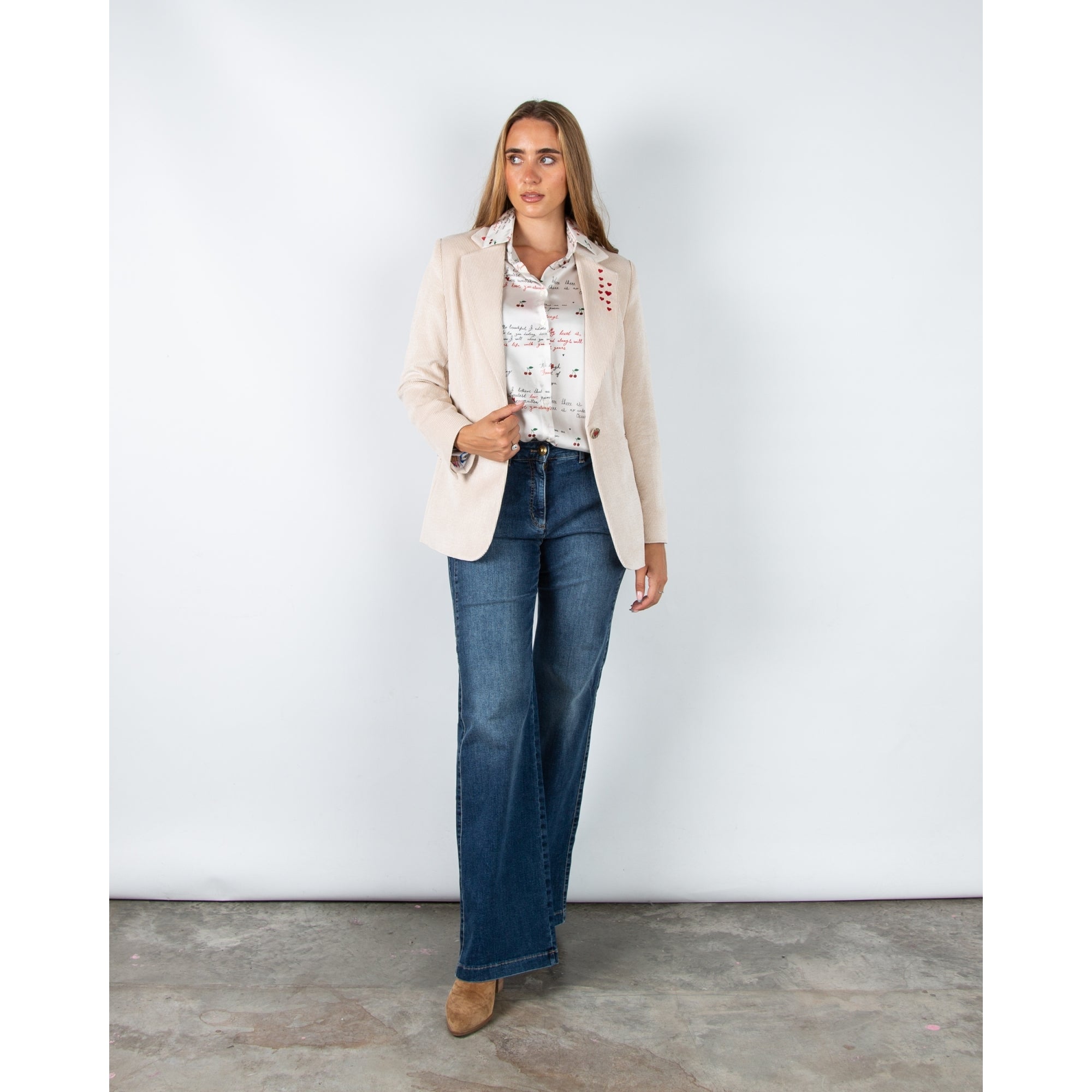 Vilagallo Rock Soft Cord Blazer With Embroidery Detail Ecru