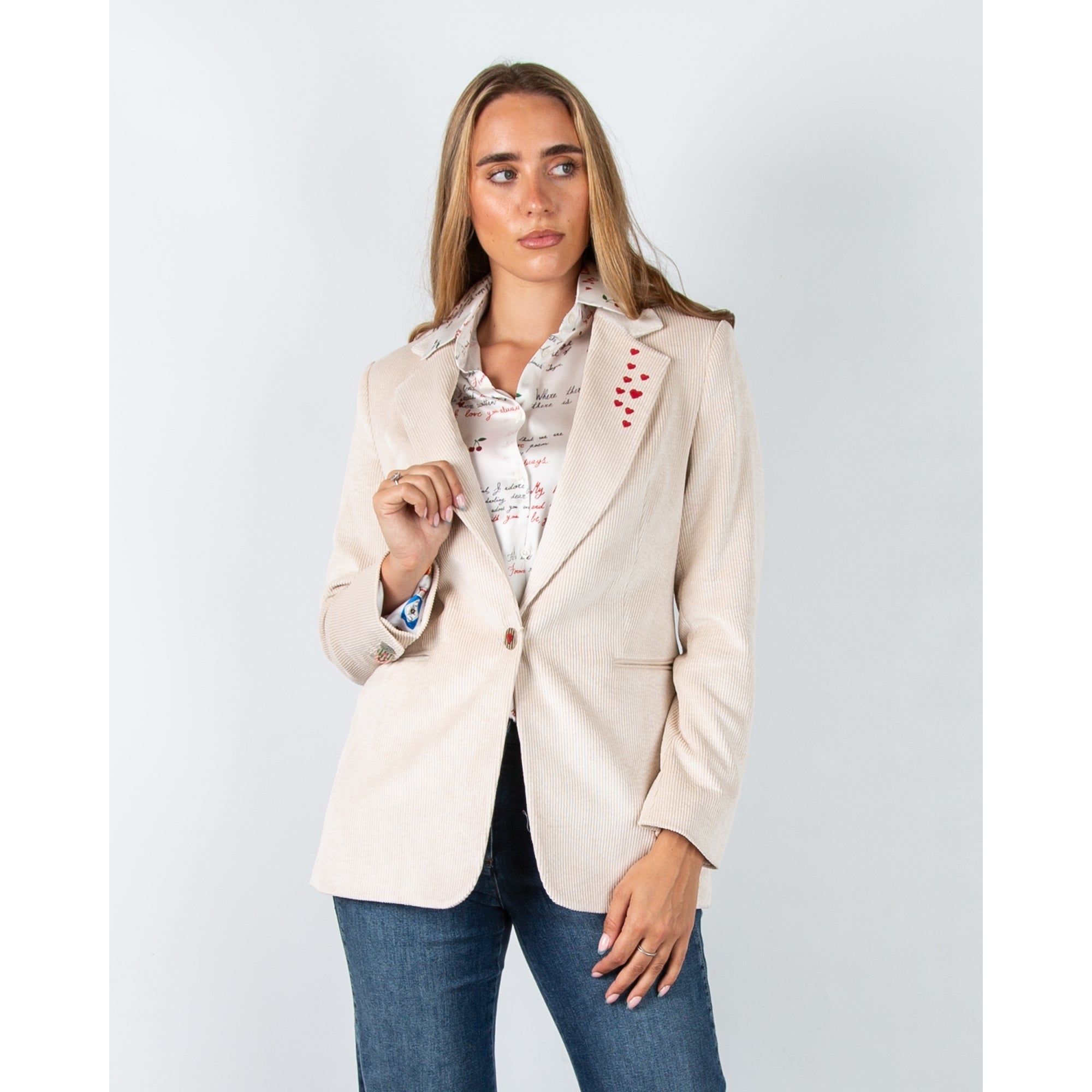 Vilagallo Rock Soft Cord Blazer With Embroidery Detail Ecru