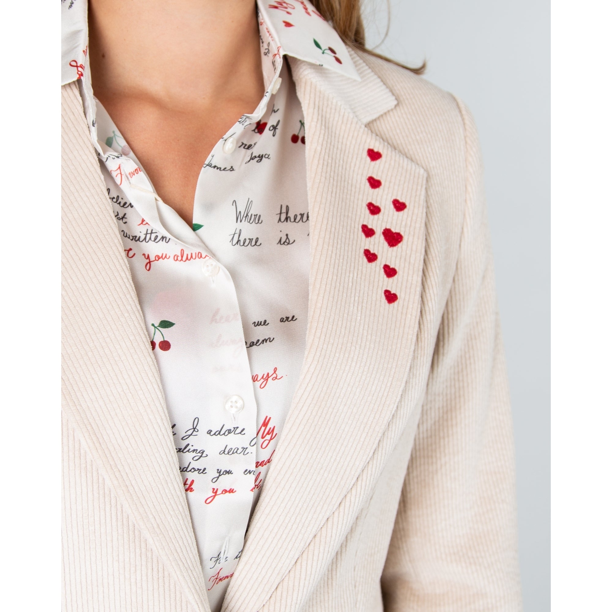 Vilagallo Rock Soft Cord Blazer With Embroidery Detail Ecru