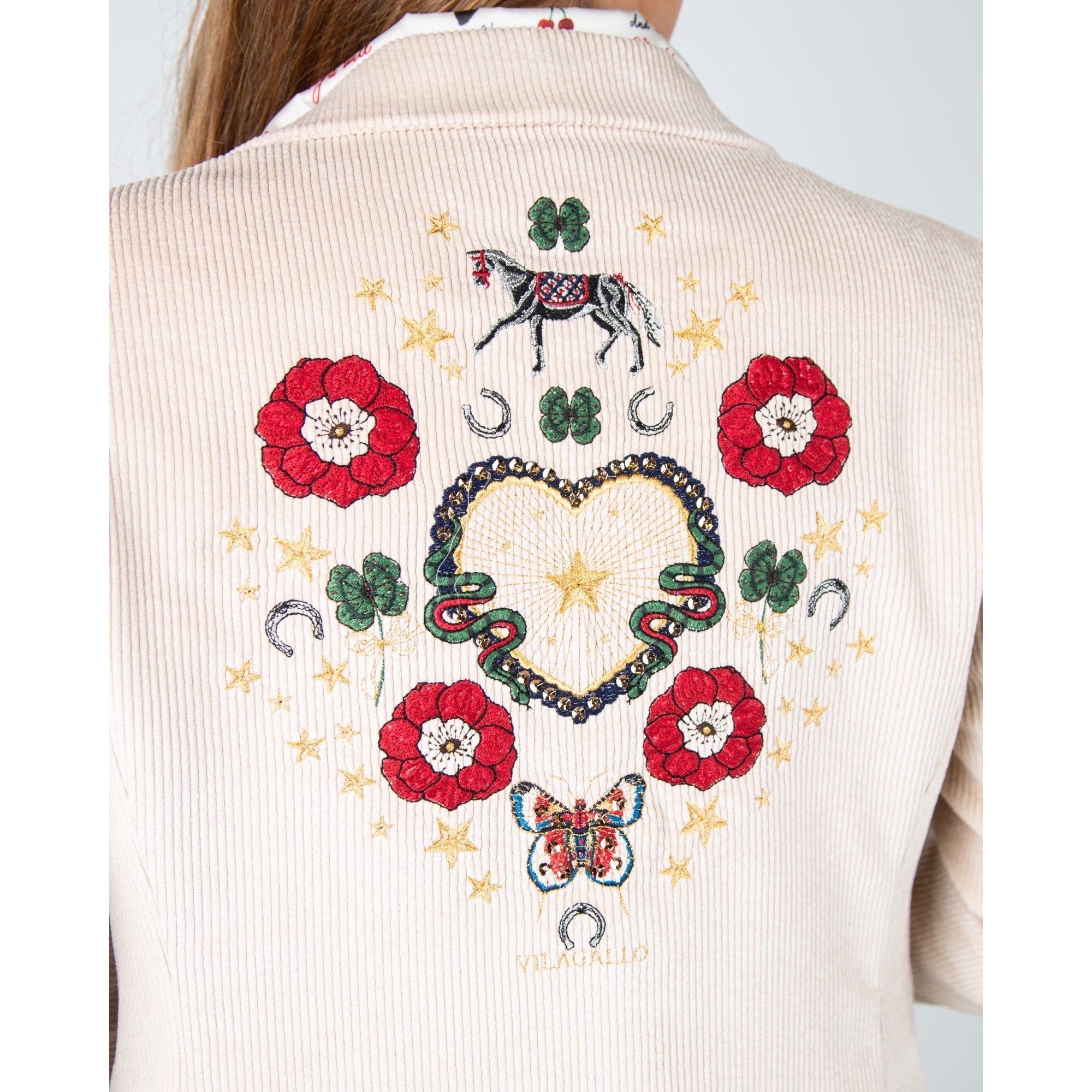 Vilagallo Rock Soft Cord Blazer With Embroidery Detail Ecru
