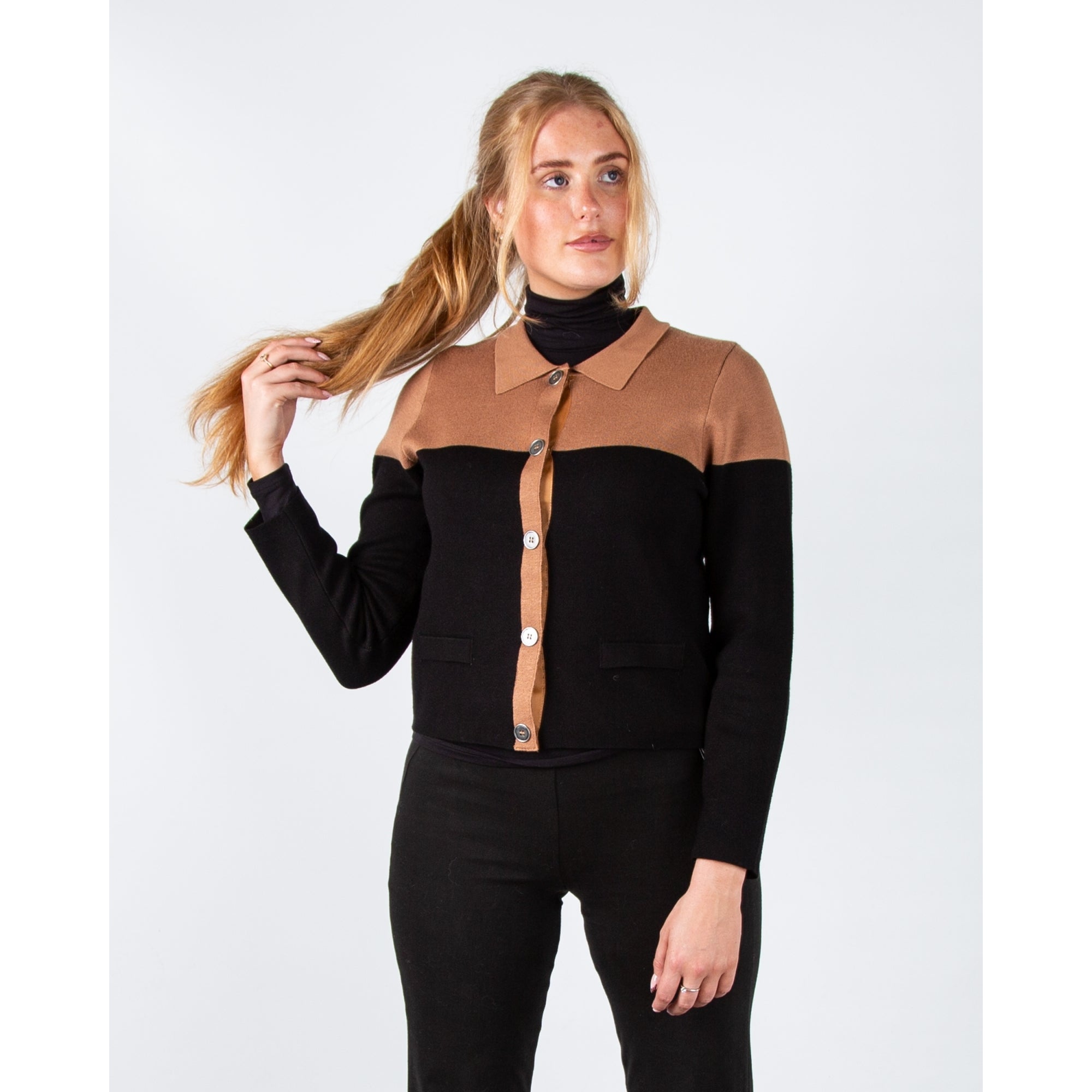 Marble Fashions Short Colour Block Collared Cardigan Camel/black 208