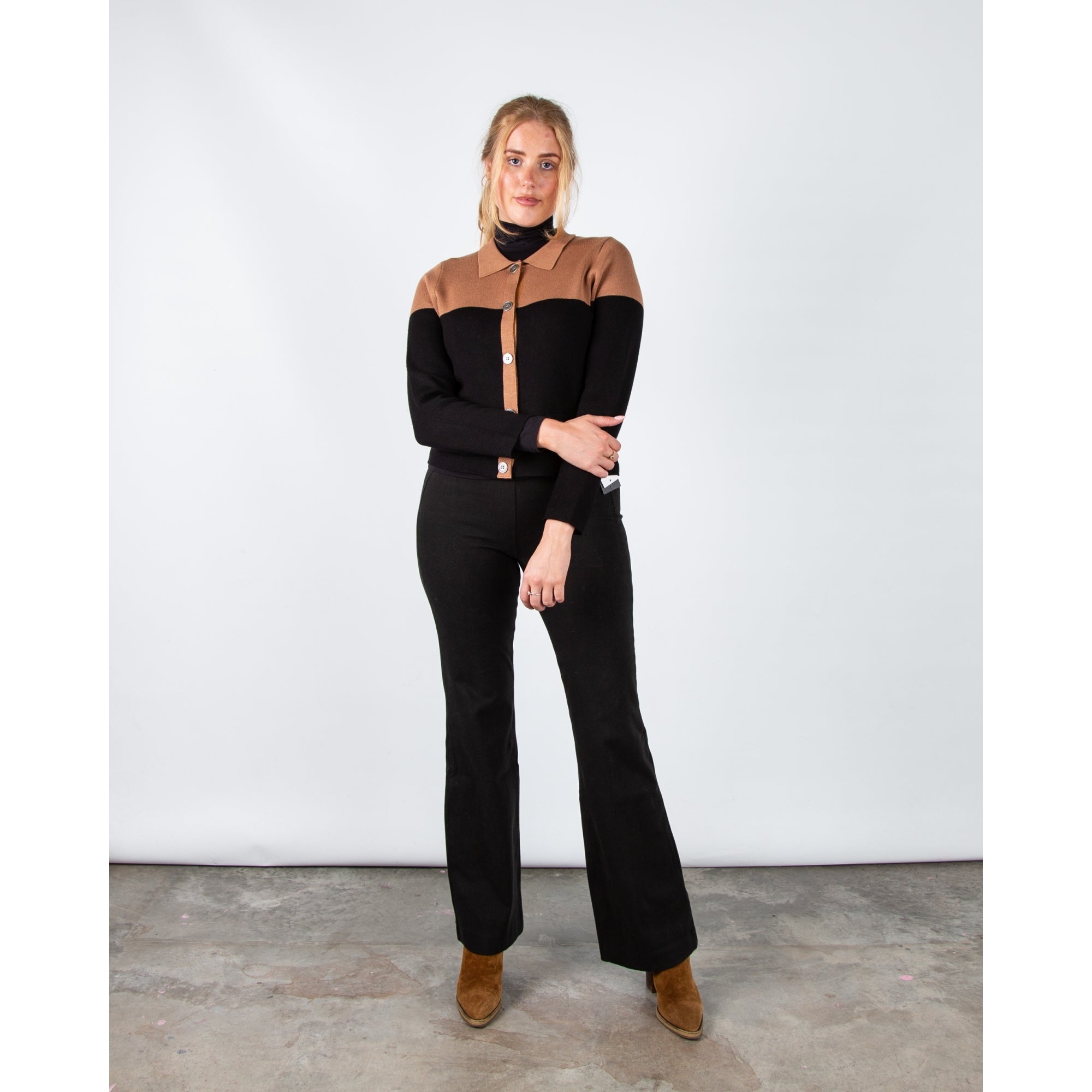 Marble Fashions Short Colour Block Collared Cardigan Camel/black 208