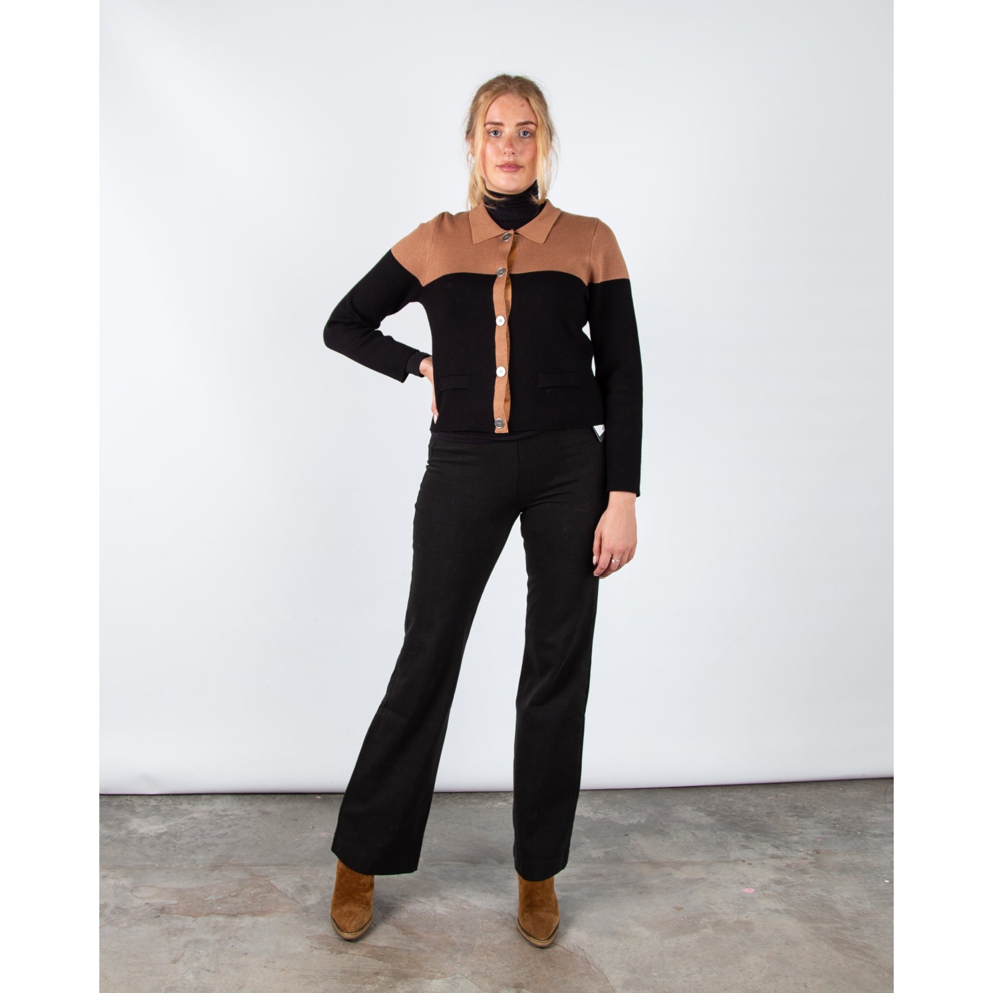 Marble Fashions Short Colour Block Collared Cardigan Camel/black 208