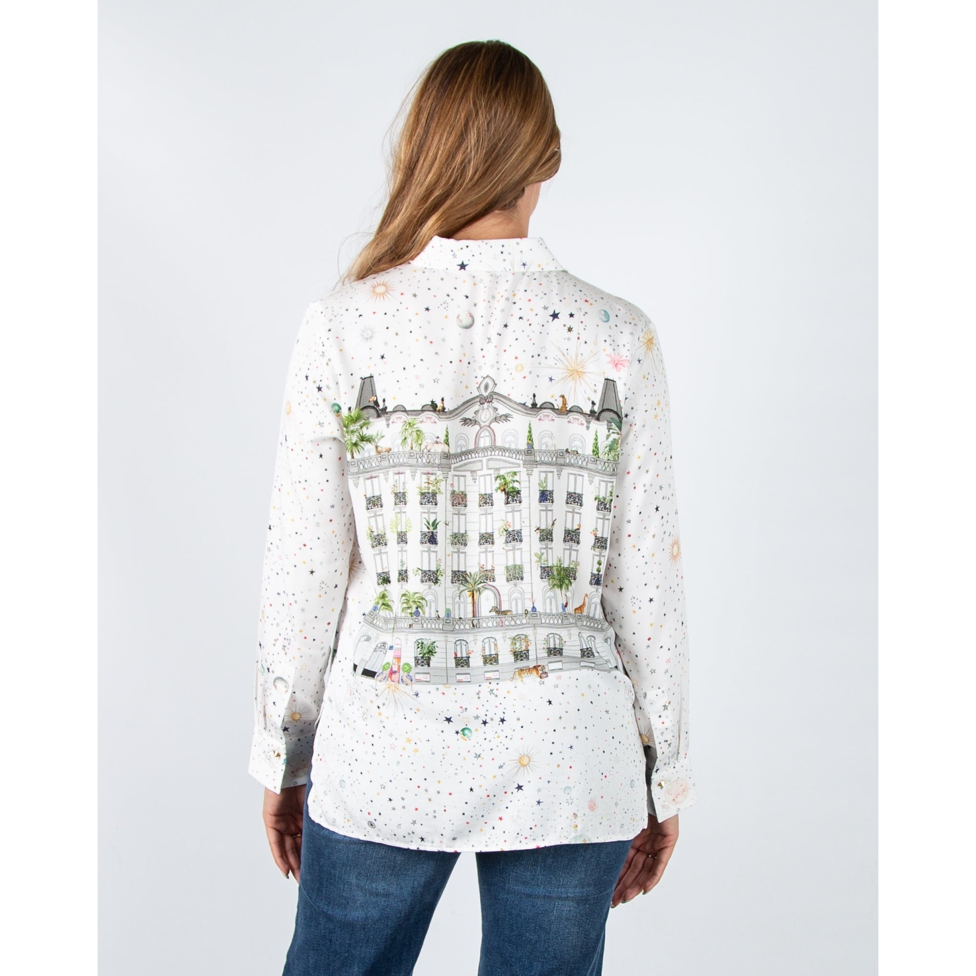 Vilagallo Isa Scattered Star Print Blouse With Detail Back White Multi