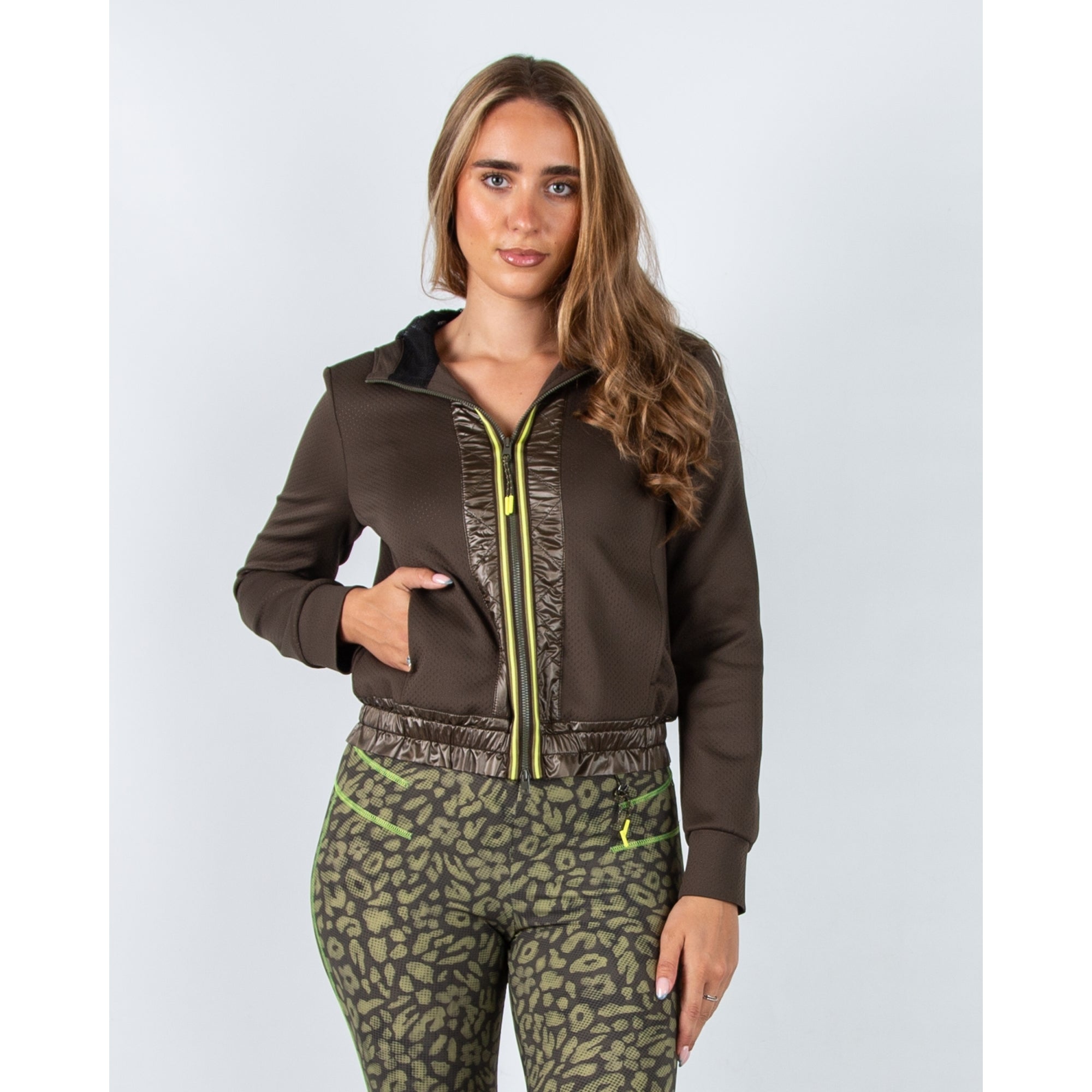 Marc Cain Leo Hike Sporty Hooded Jacket With Centre Stripe Deep Olive