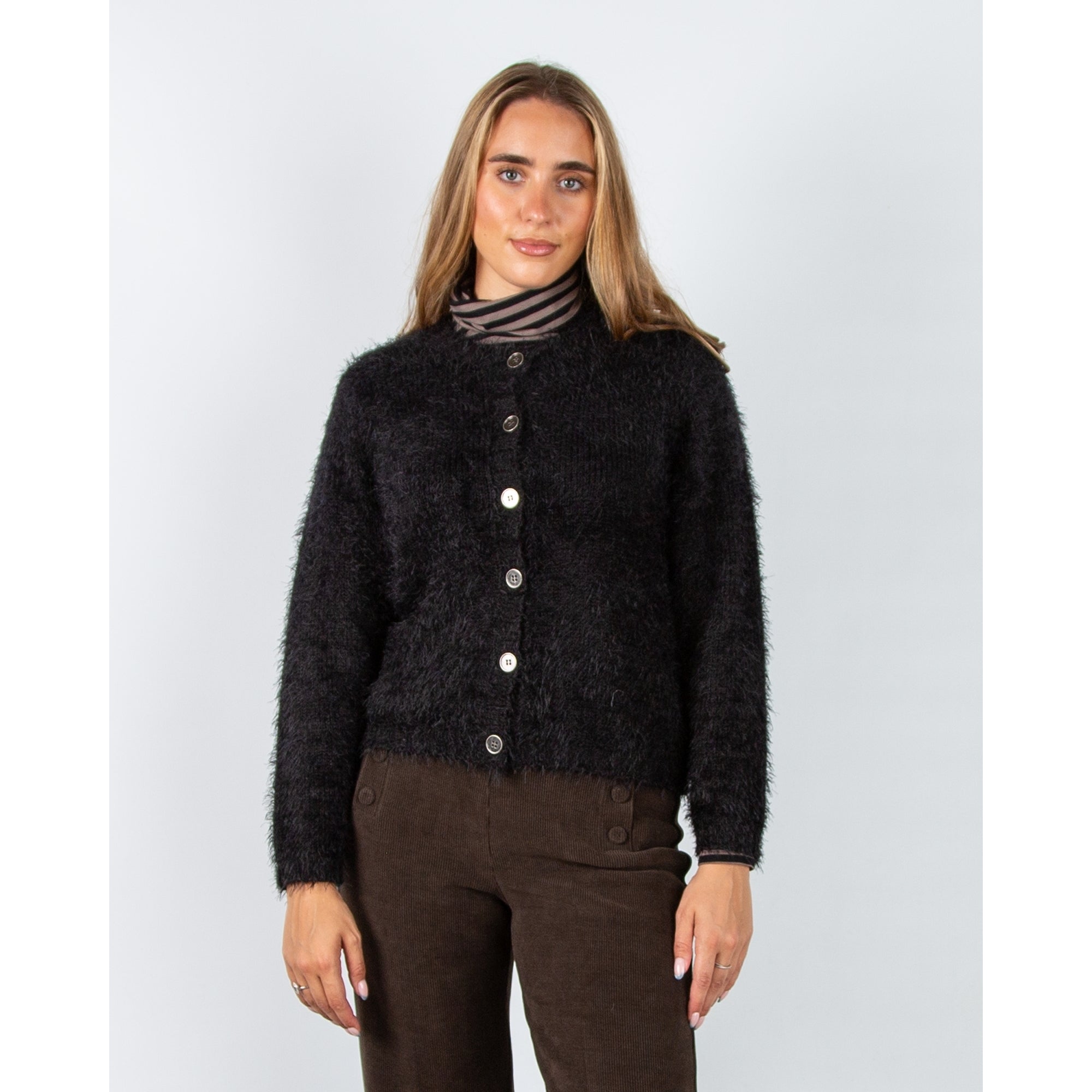 Marble Fashions Fluffy Crew Neck Cardigan Black
