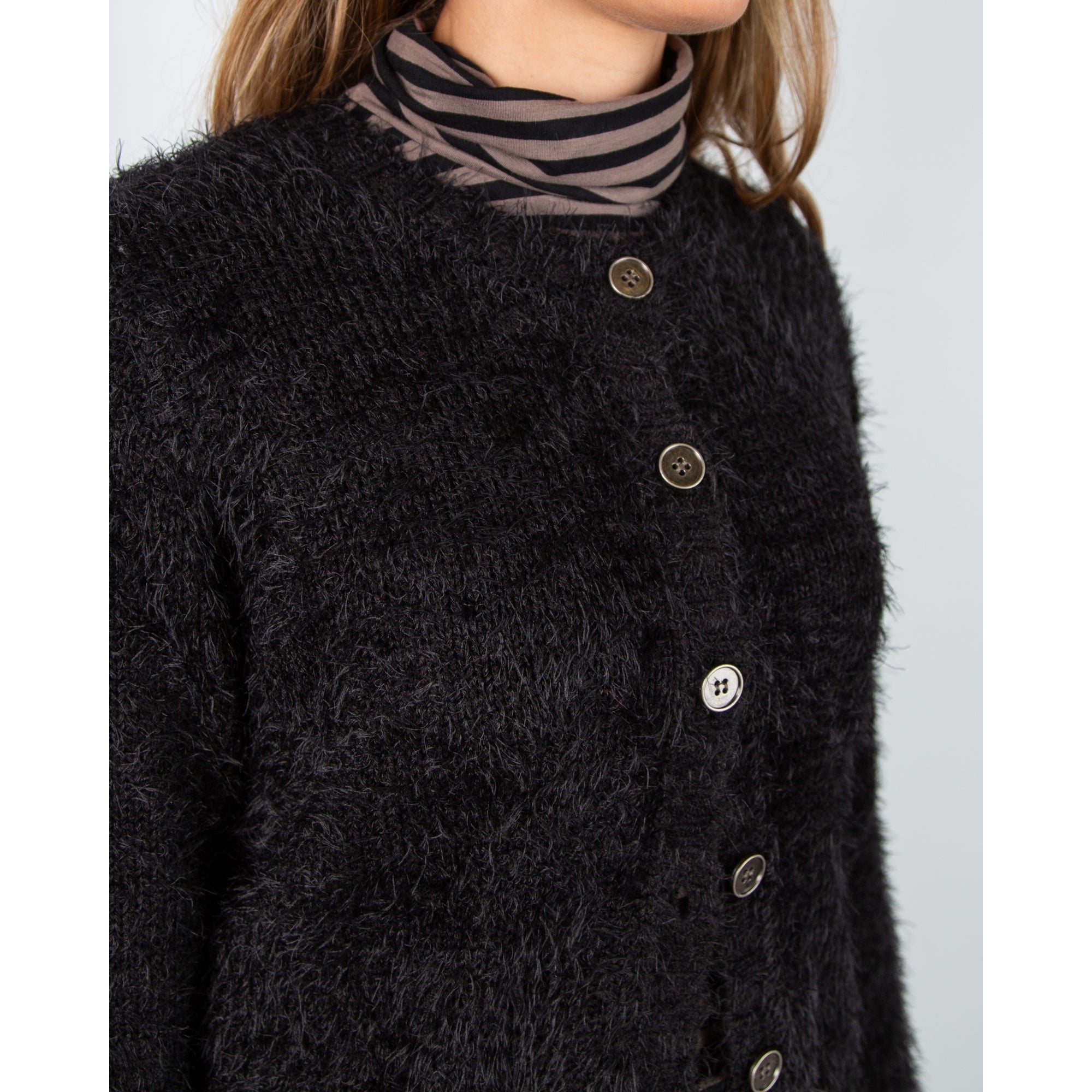 Marble Fashions Fluffy Crew Neck Cardigan Black