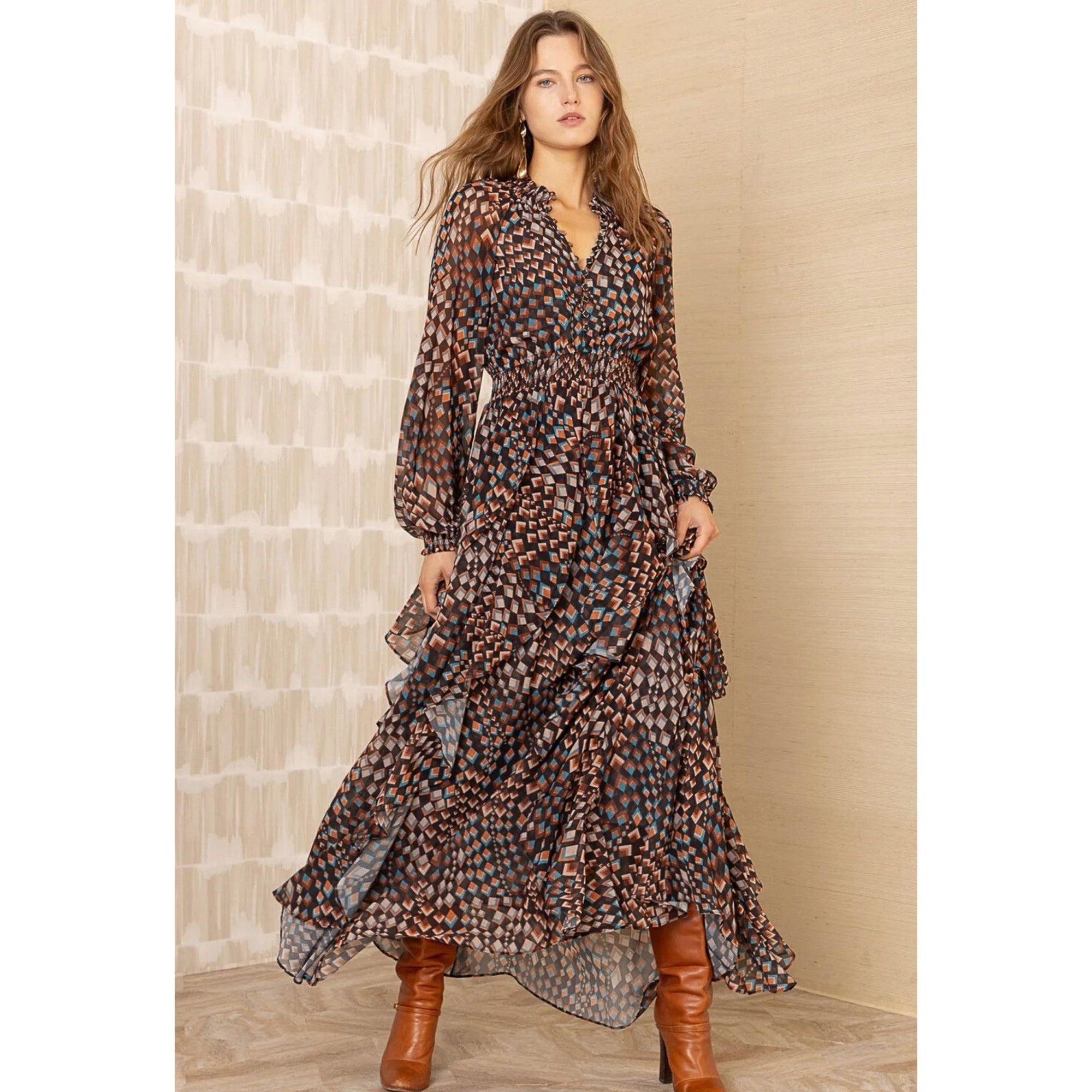 Hale Bob Geometric Elasticated Waist Tiered Maxi Dress Black/brown