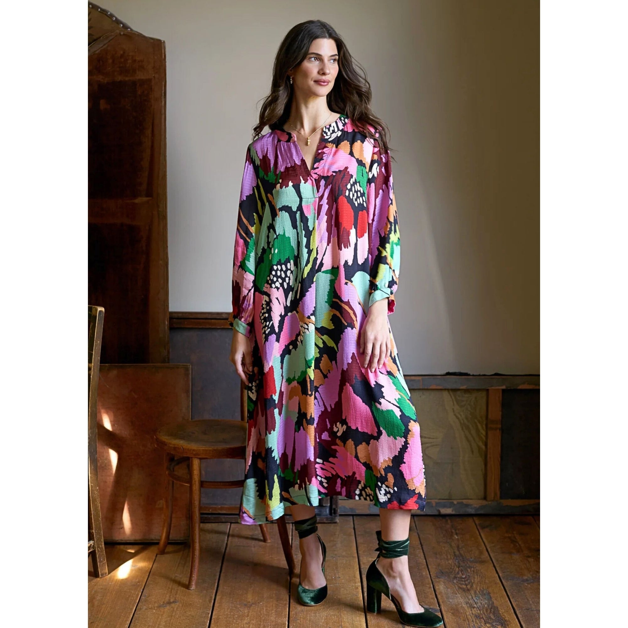 Sahara Painted Floral V Neck Loose Bodied Dress Multi