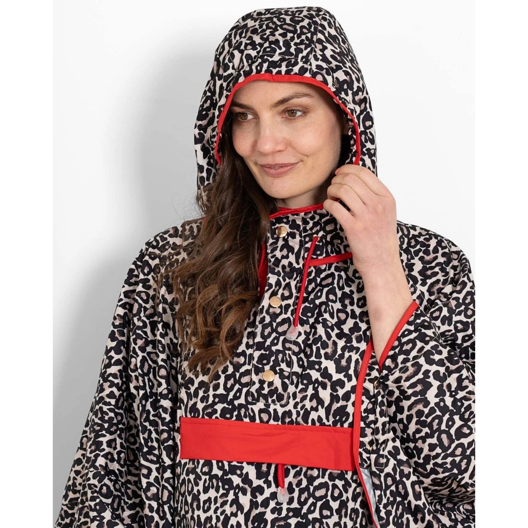 Miss Shorthair Aspen Waterproof Hooded Leopard Rain Poncho Beige/Red