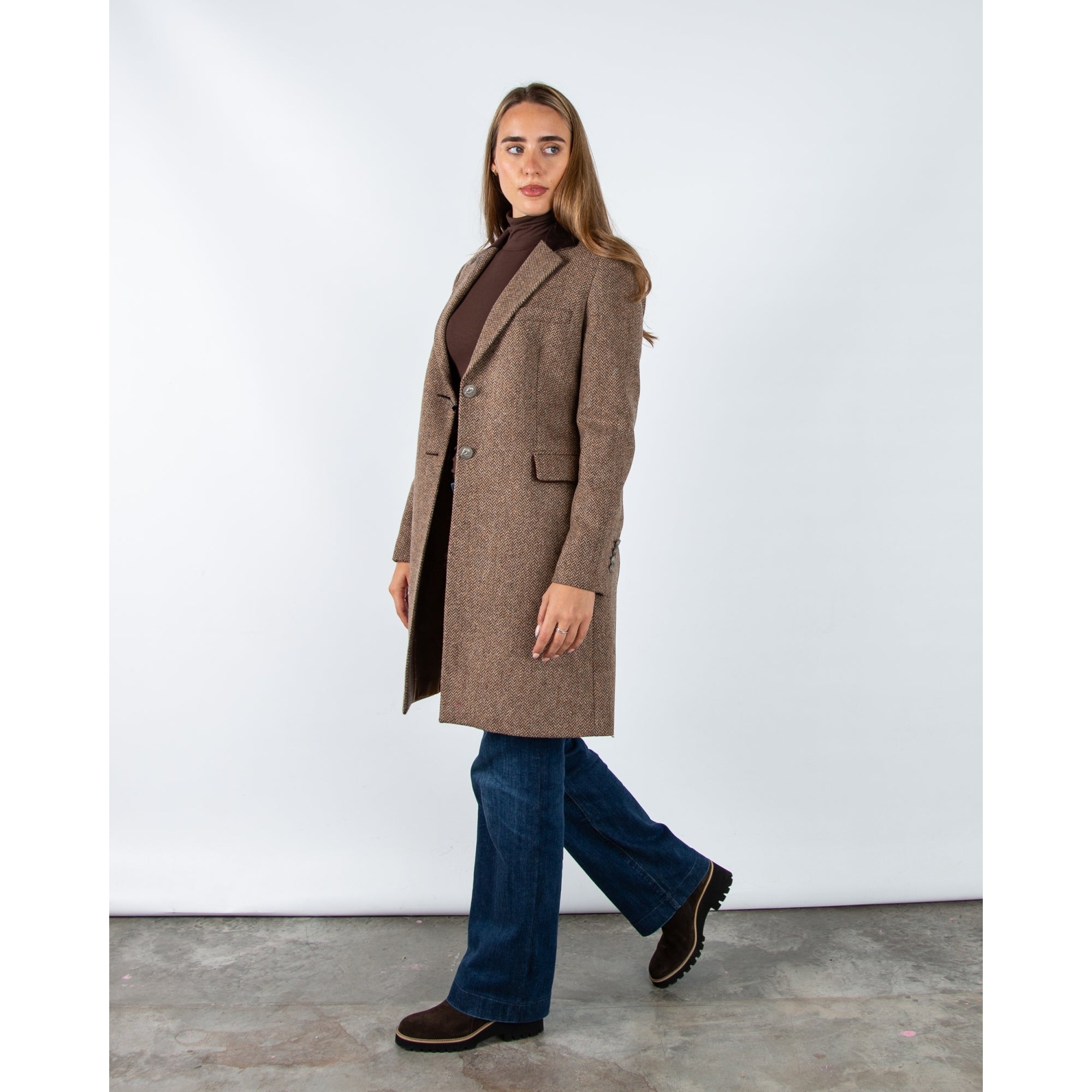 Bariloche Salpensa Long Line Herringbone Jacket With Velvet Trim Chocolate