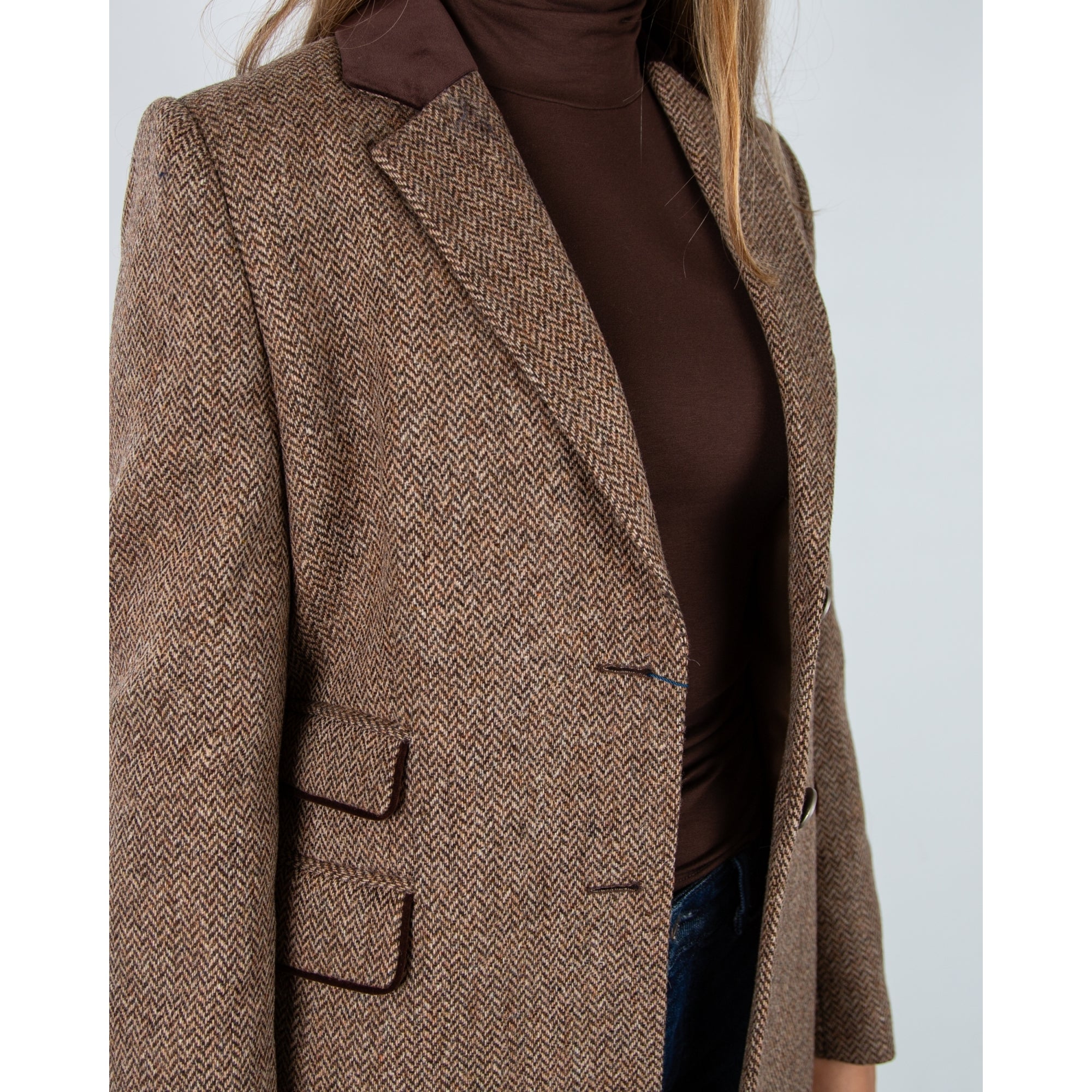 Bariloche Salpensa Long Line Herringbone Jacket With Velvet Trim Chocolate