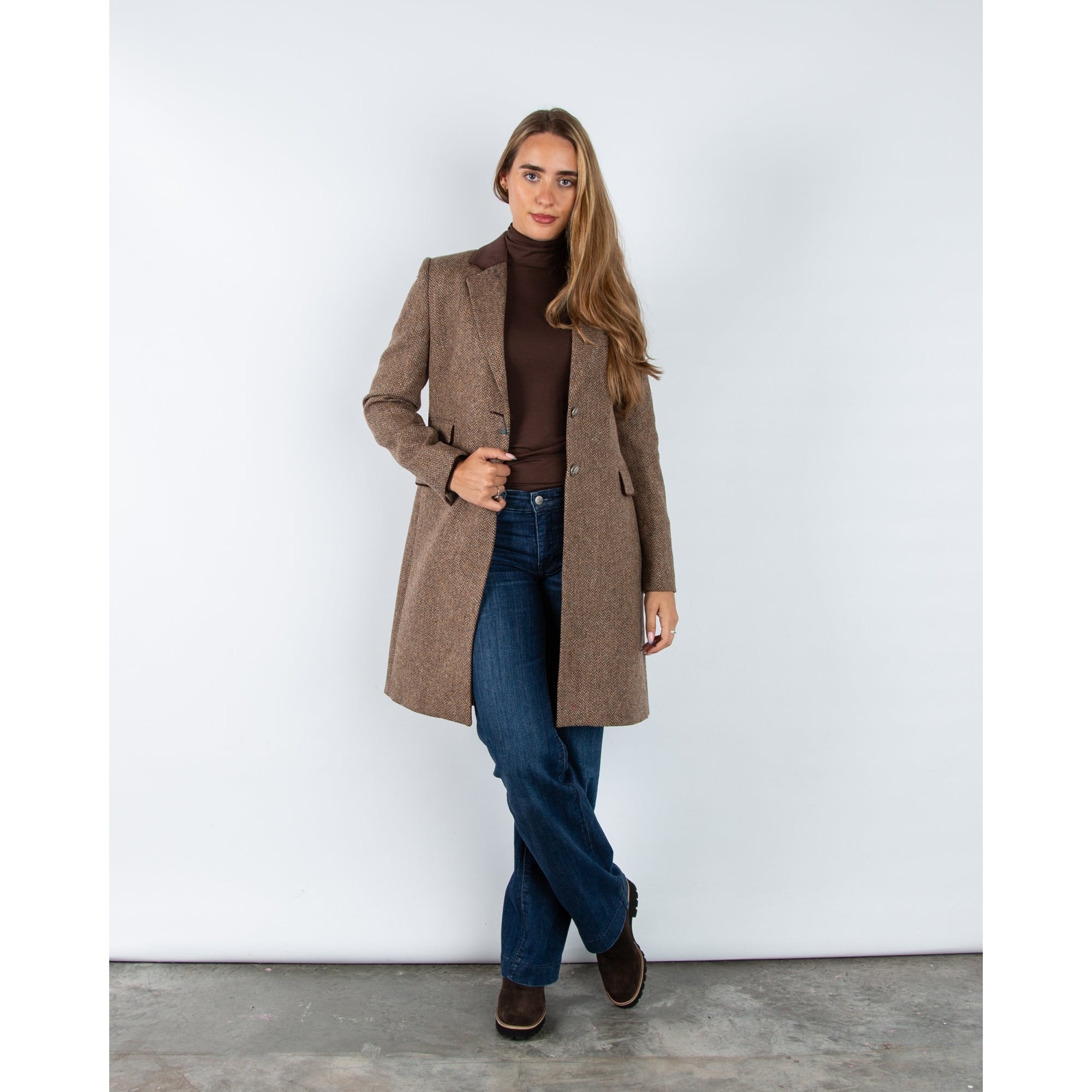 Bariloche Salpensa Long Line Herringbone Jacket With Velvet Trim Chocolate