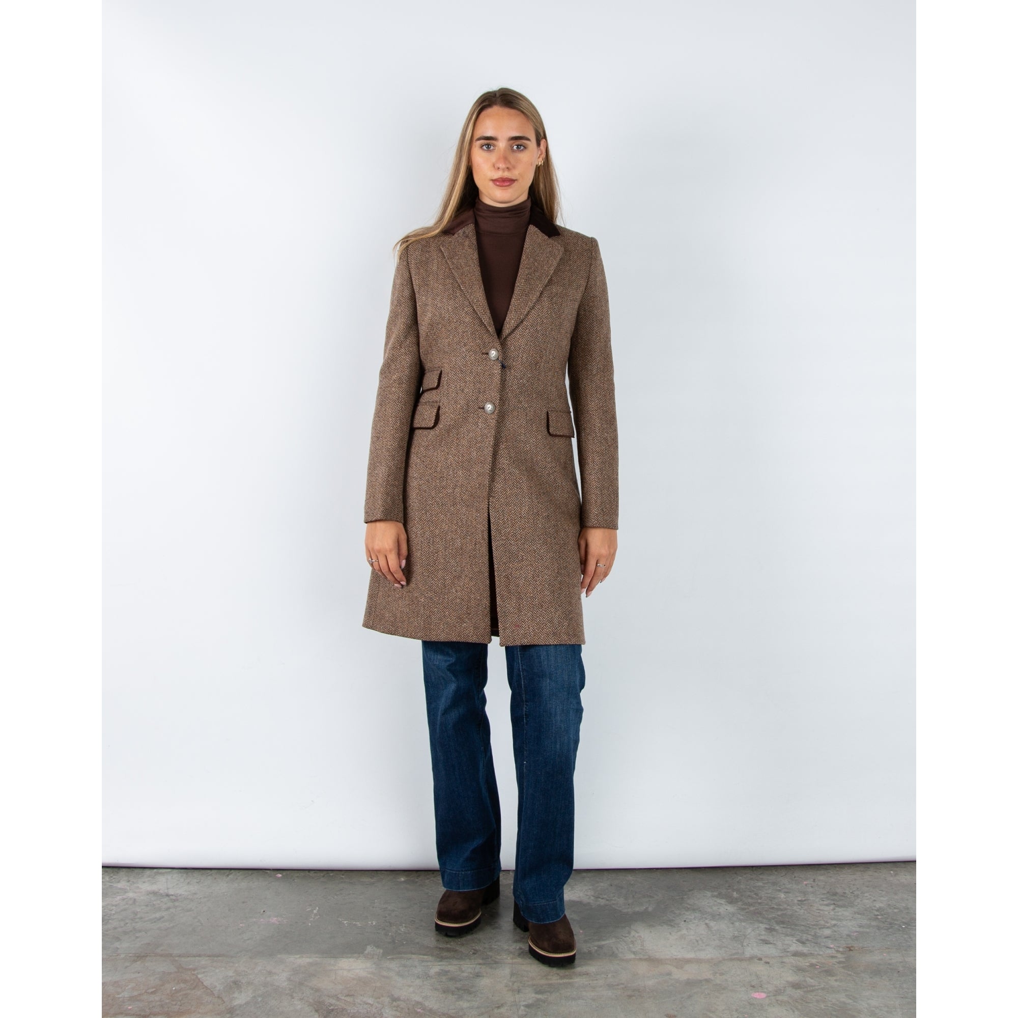 Bariloche Salpensa Long Line Herringbone Jacket With Velvet Trim Chocolate