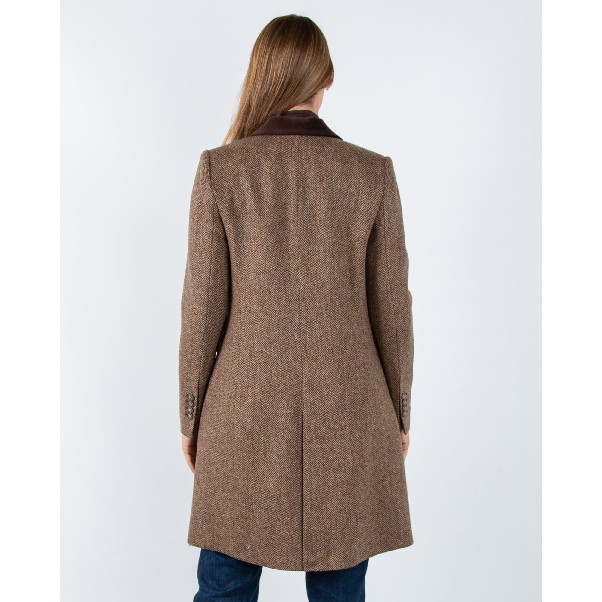 Bariloche Salpensa Long Line Herringbone Jacket With Velvet Trim Chocolate