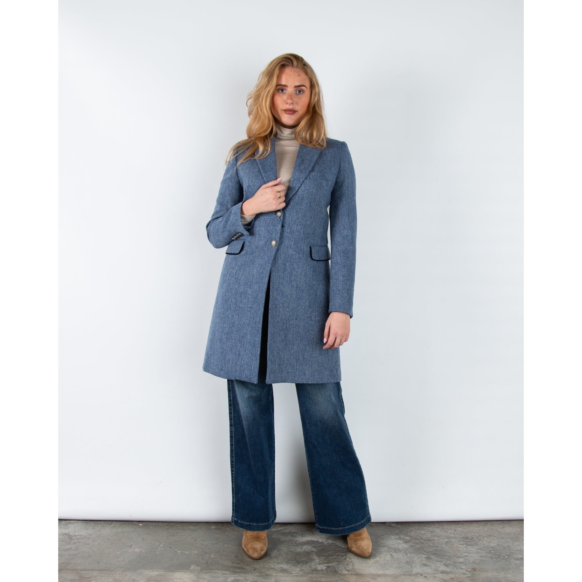 Bariloche Salpensa Long Line Herringbone Jacket With Velvet Trim Blue